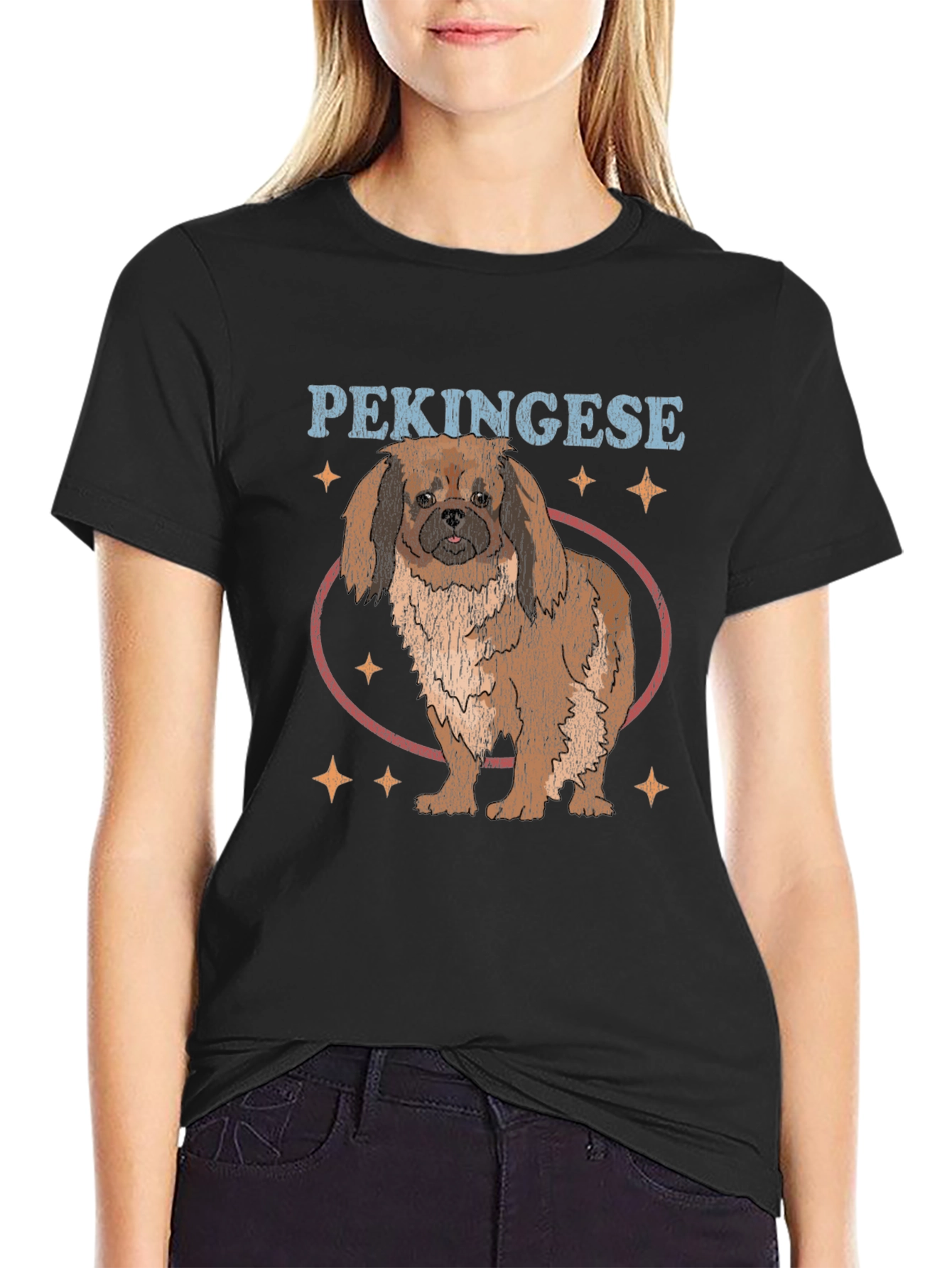 Pekingese Dog Graphic Print Black T-Shirt