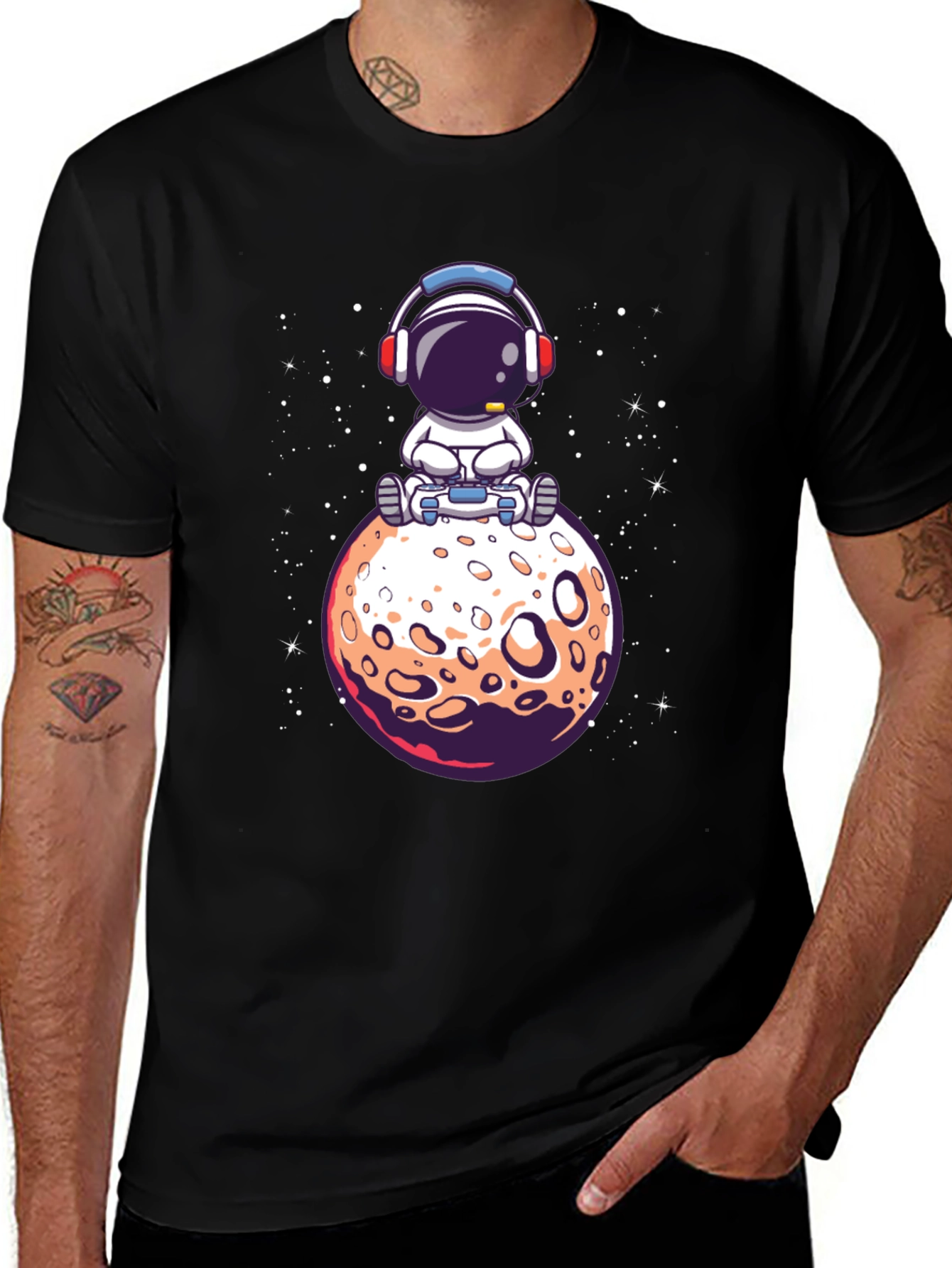 Astronaut on Moon Graphic Tee - Black Cotton T-Shirt