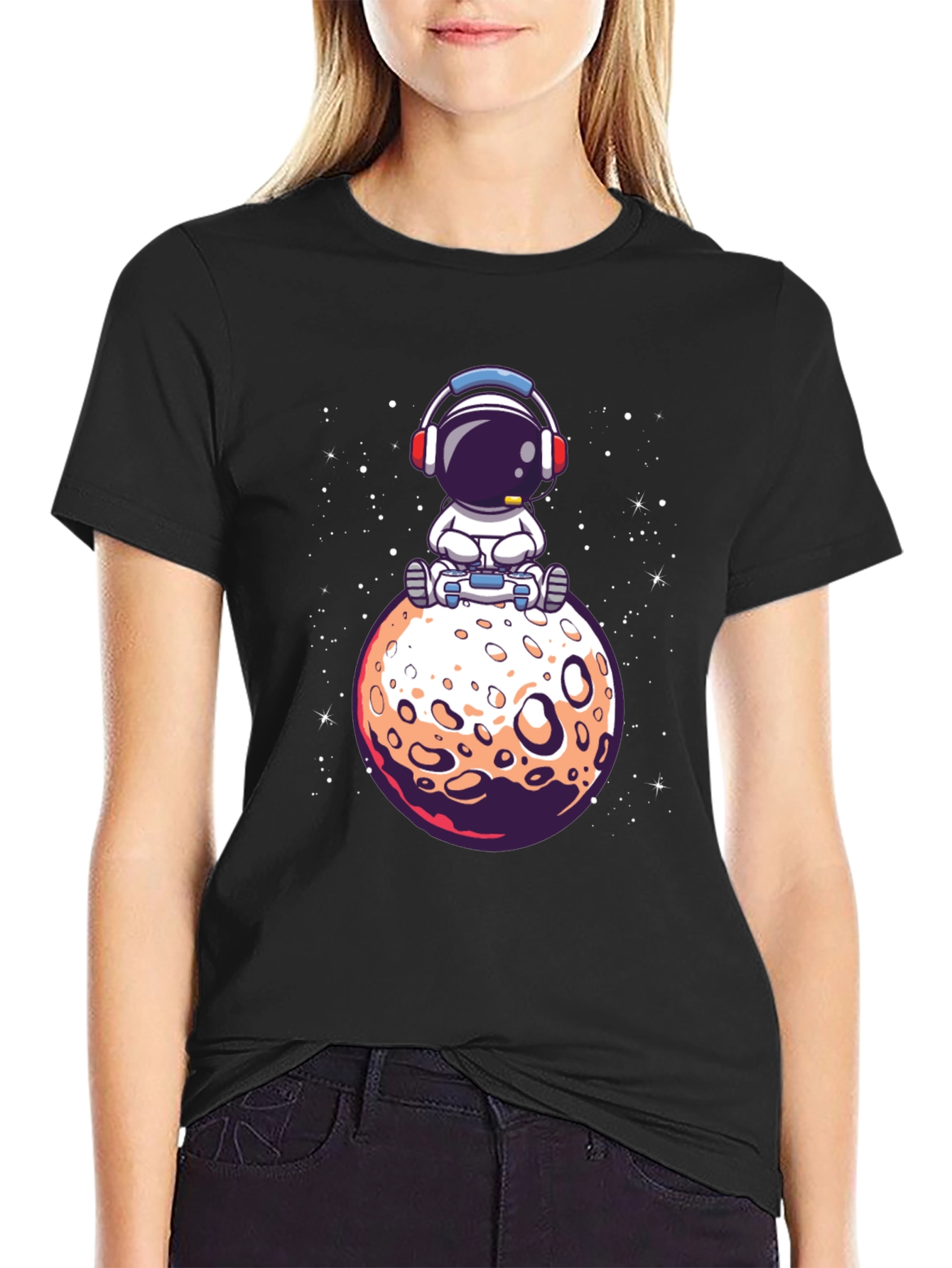 Astronaut on Moon Graphic Tee - Black Cotton T-Shirt
