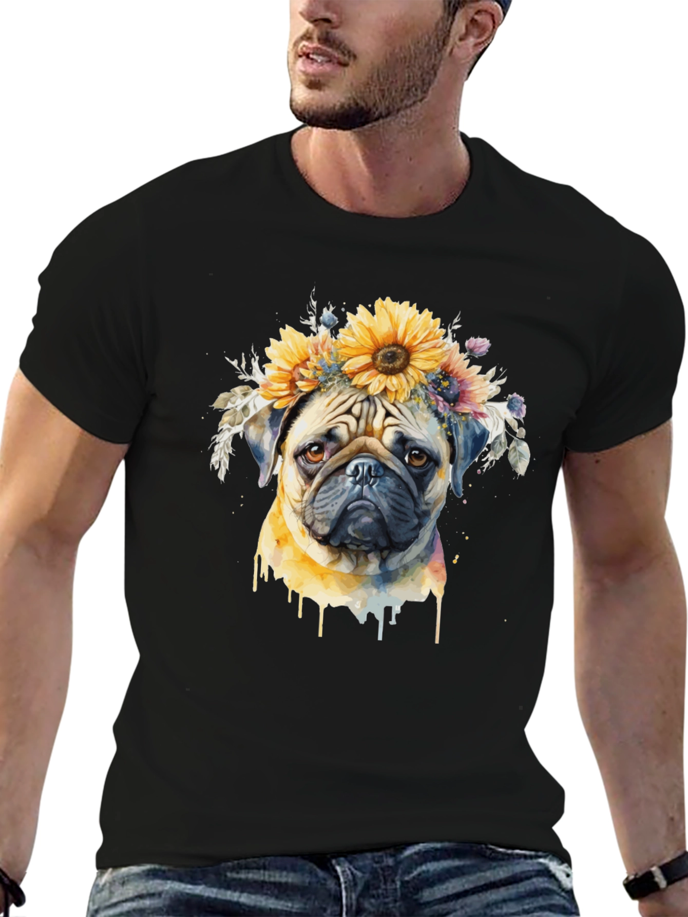 Pug Dog Sunflower Crown T-Shirt