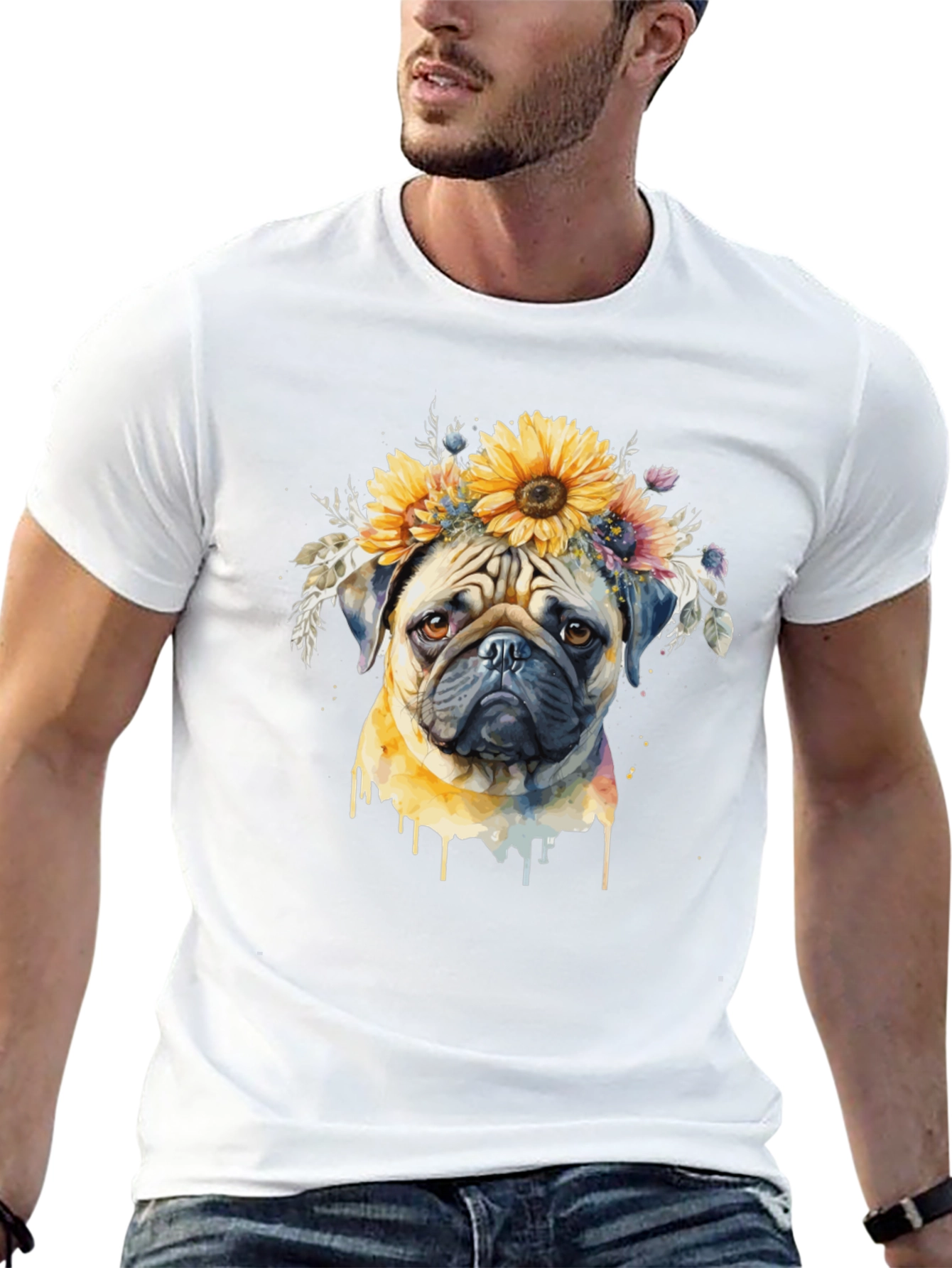 Pug Dog Sunflower Crown T-Shirt