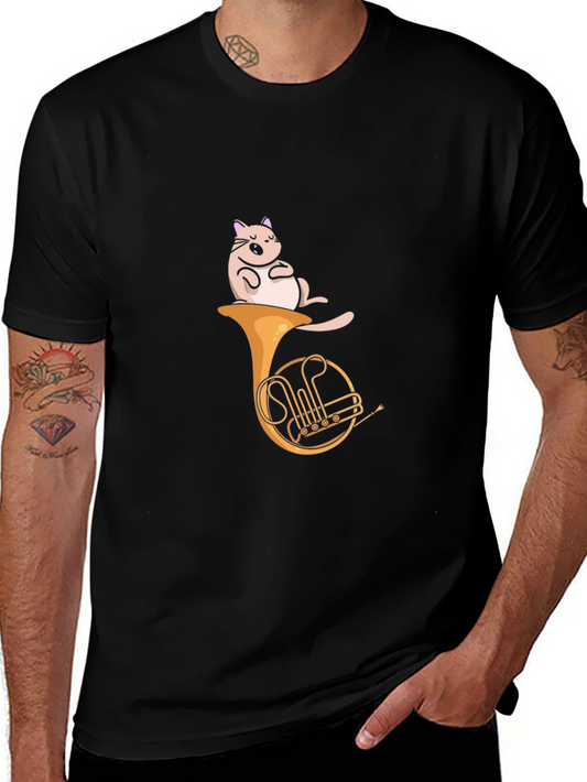 Cat on French Horn Black T-Shirt - Unique Music Tee