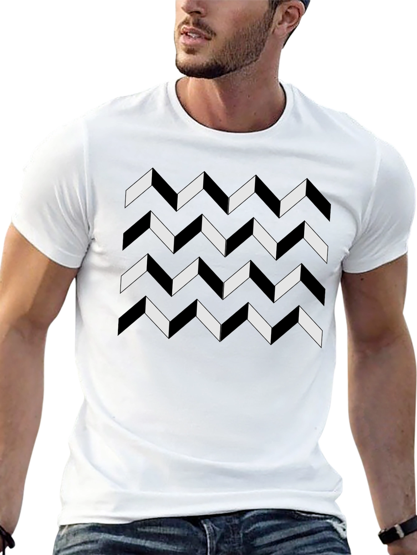 Geometric Chevron Pattern Black T-Shirt
