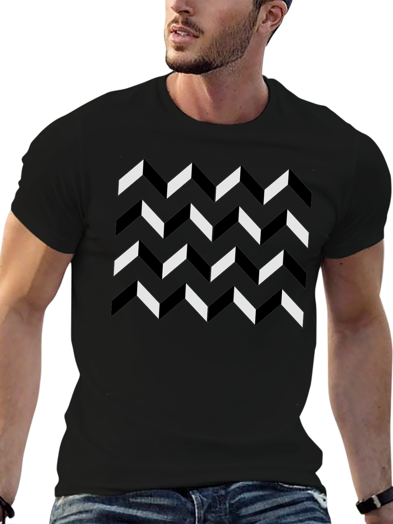 Geometric Chevron Pattern Black T-Shirt