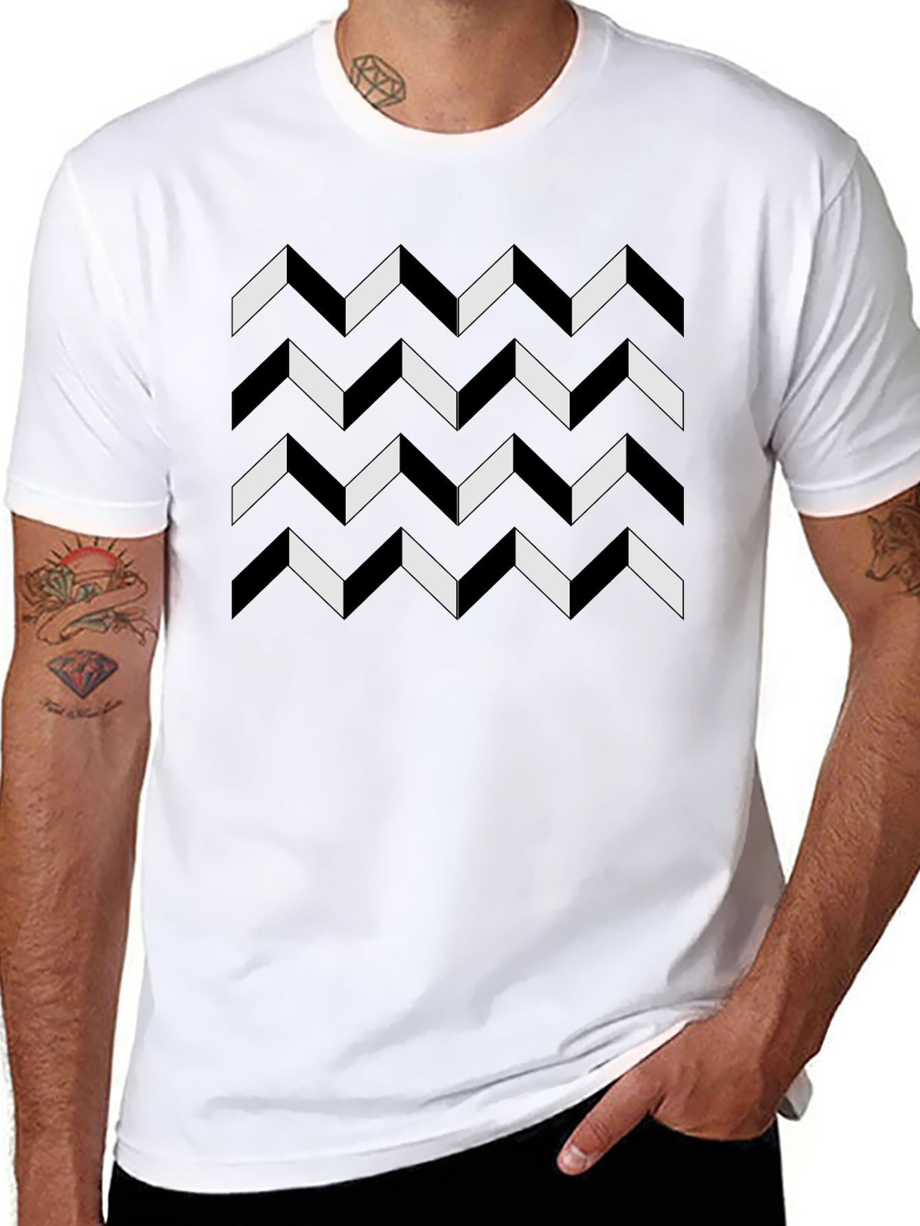 Geometric Chevron Pattern Black T-Shirt