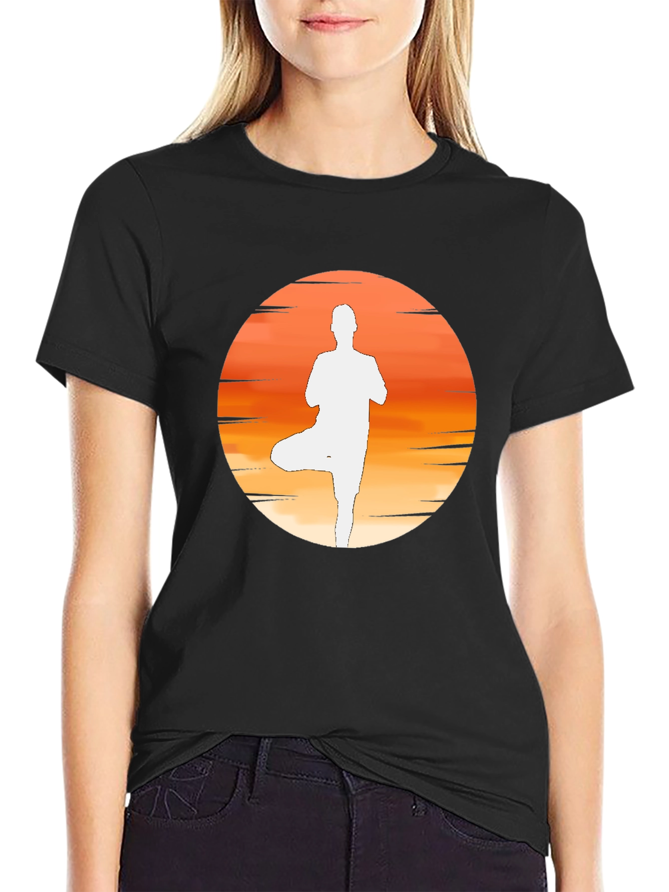 Yoga Sunset Silhouette Tee - Black Cotton Blend