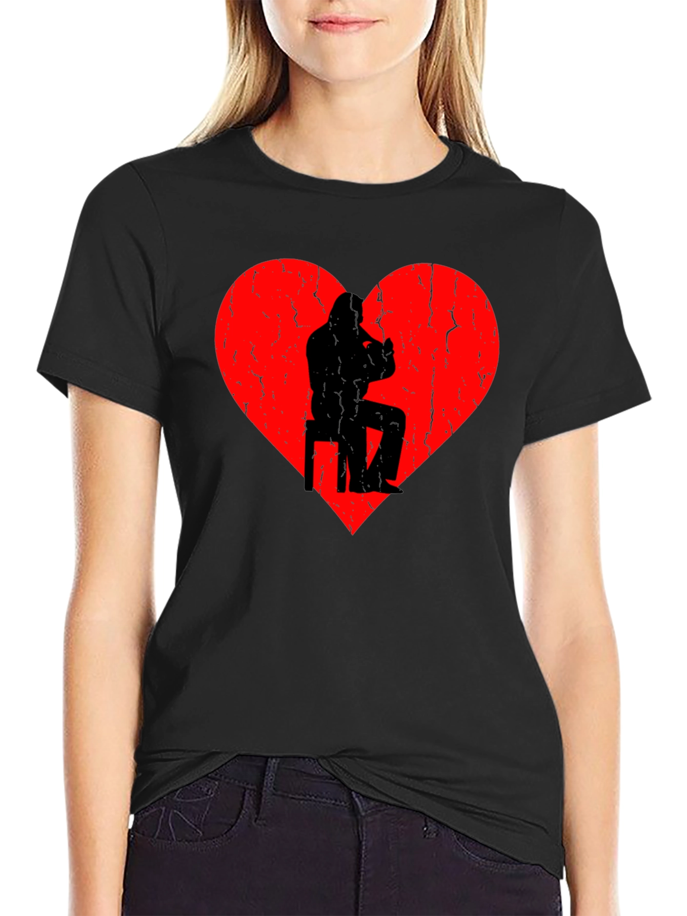 Saxophone Player in Heart Graphic Black T-Shirt