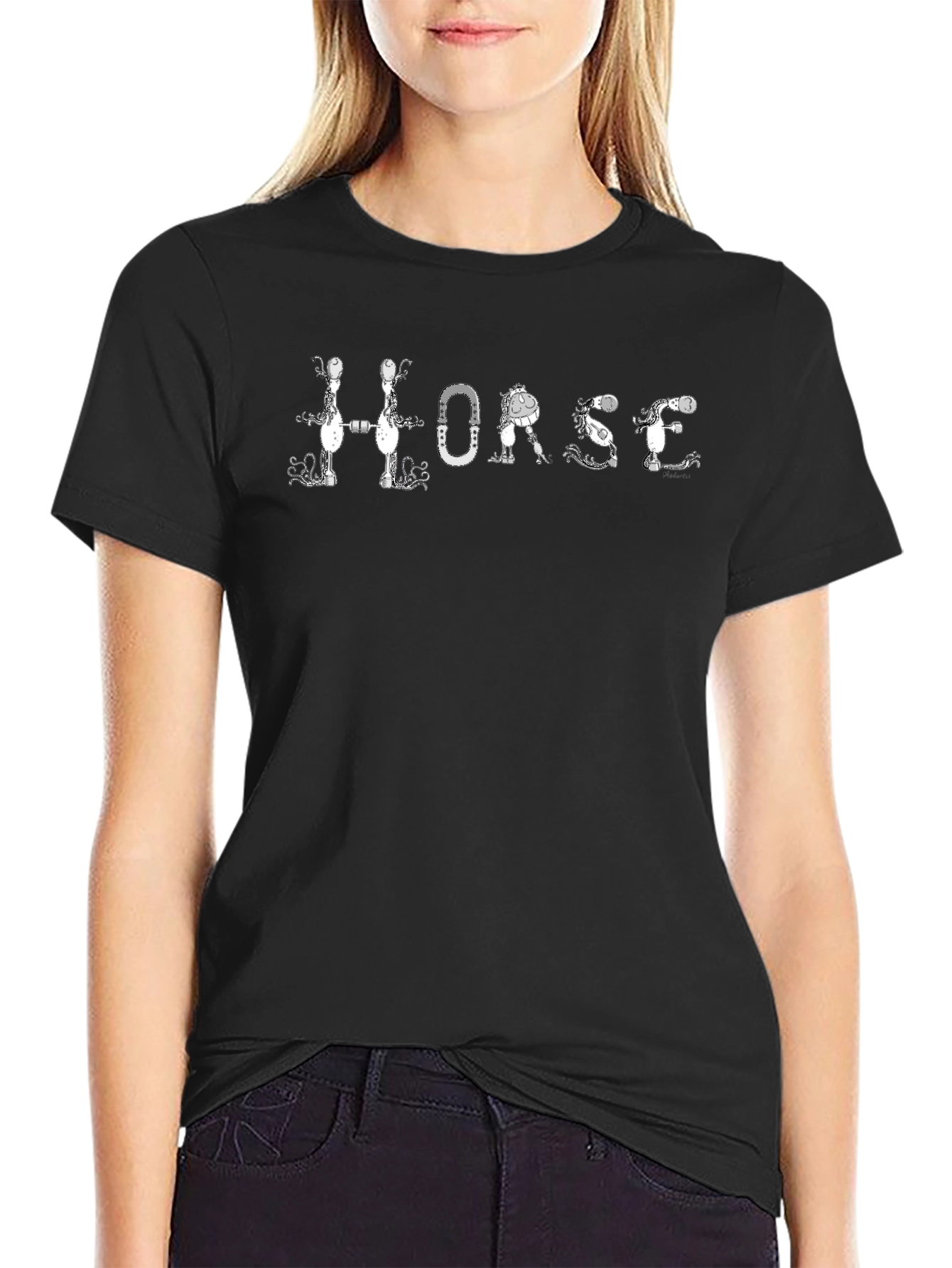 Horse Letter Graphic Black Tee Shirt