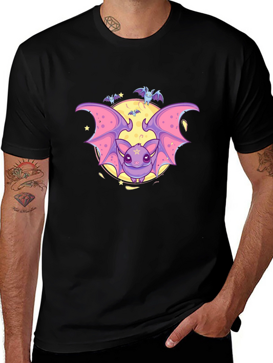 Cute Cartoon Bat Graphic Black T-Shirt