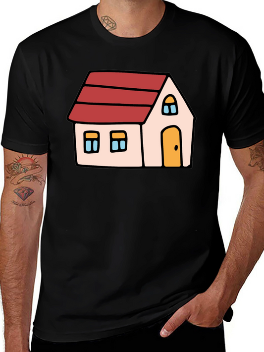 Cartoon House Graphic Tee - Black Cotton Blend