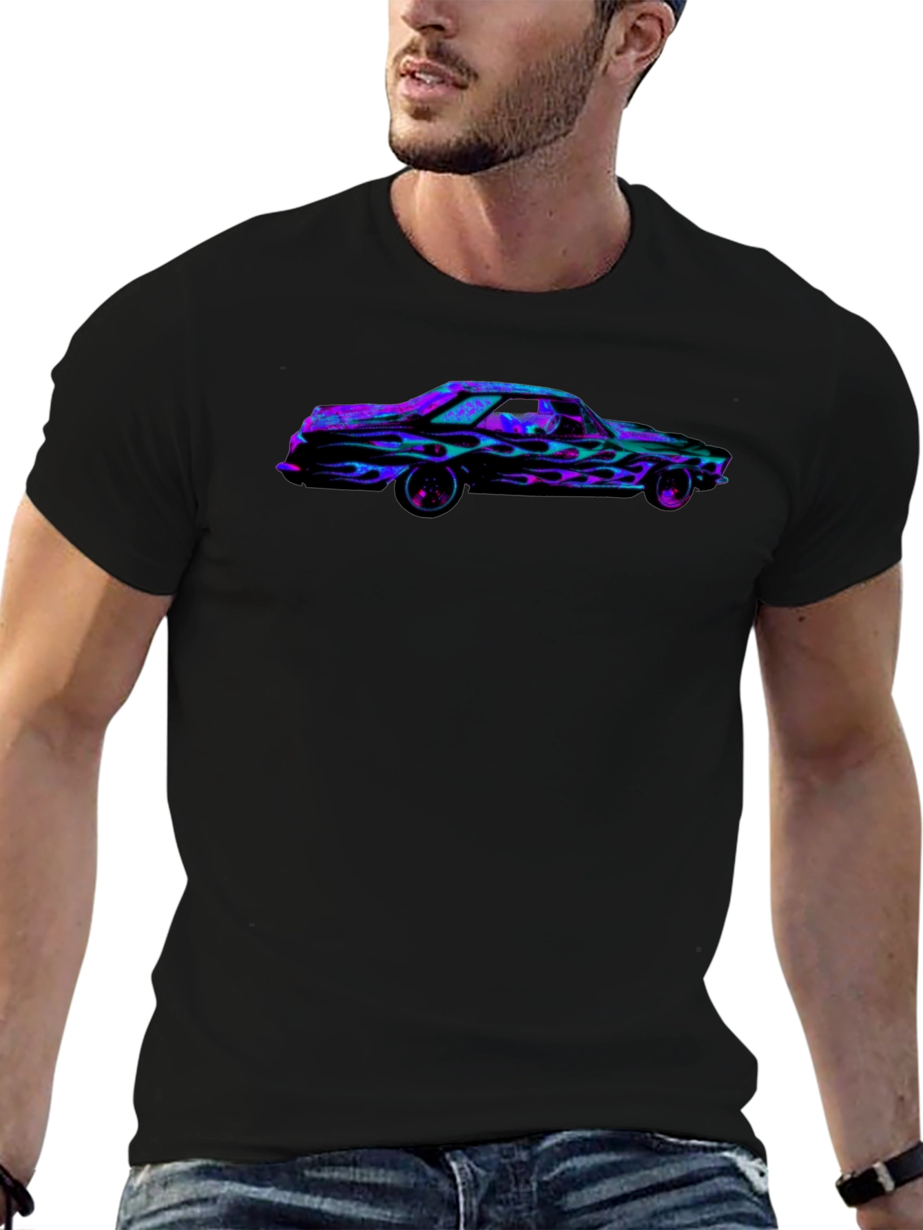 Flaming Car Graphic Tee - Bold Black T-Shirt