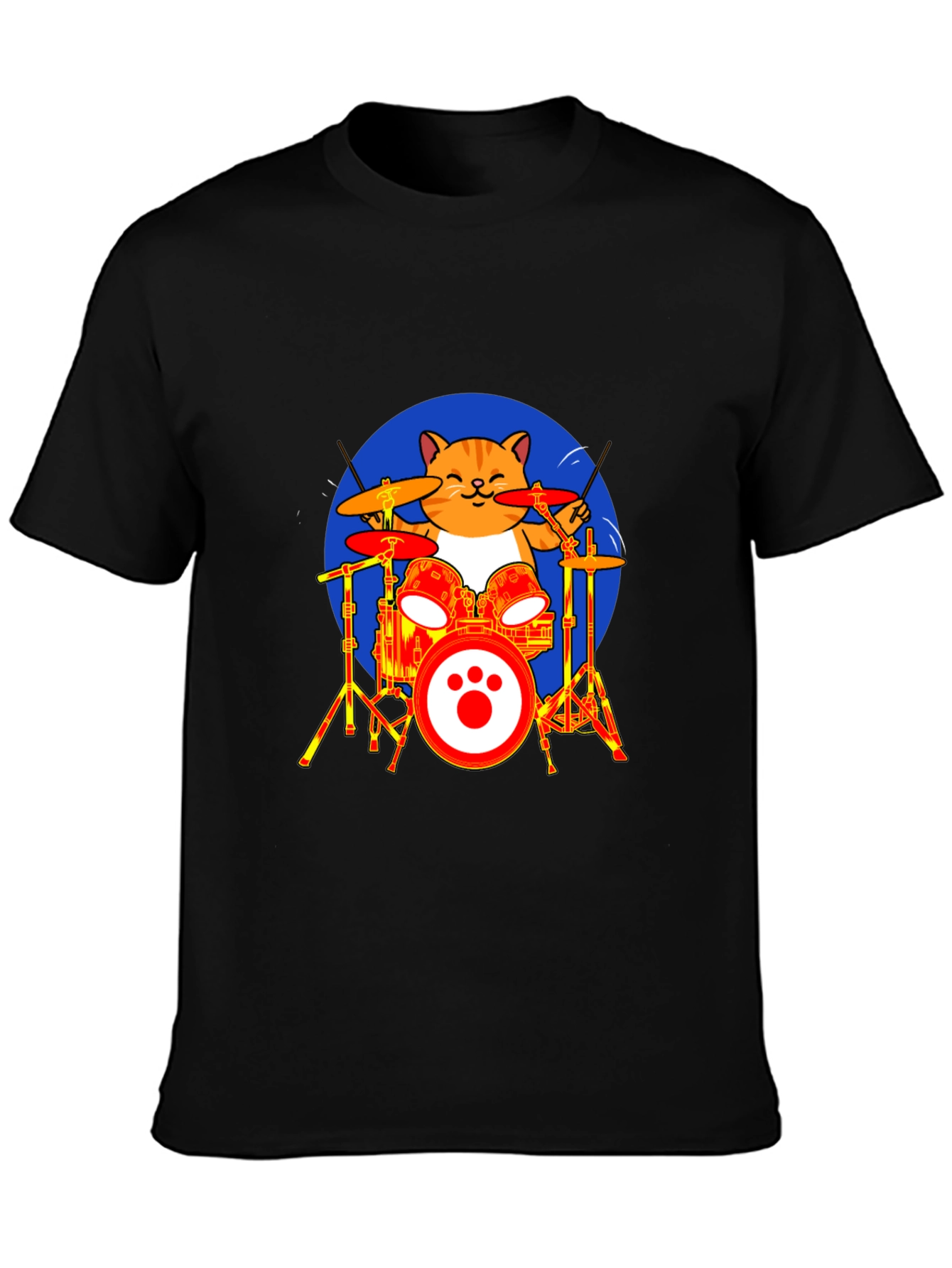 Cat Drummer T-Shirt - Black Cotton Tee