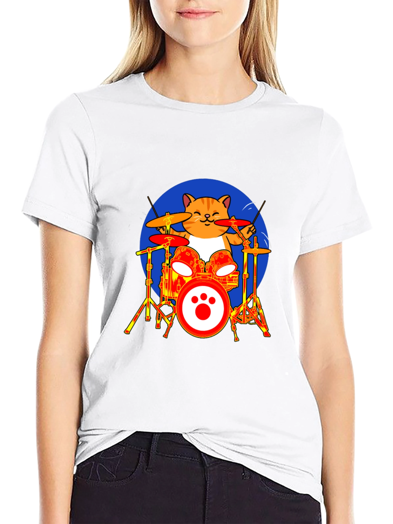 Cat Drummer T-Shirt - Black Cotton Tee