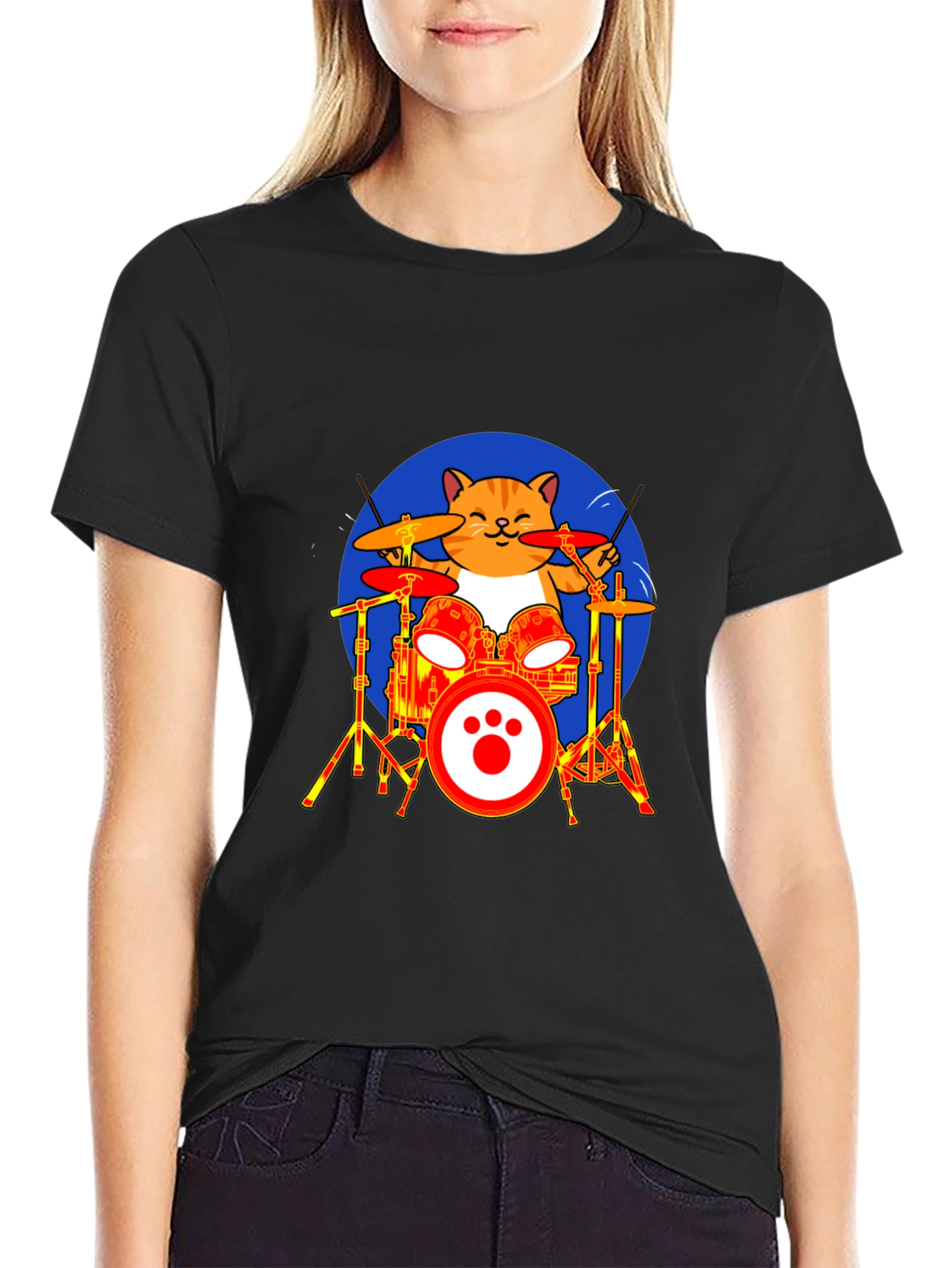 Cat Drummer T-Shirt - Black Cotton Tee