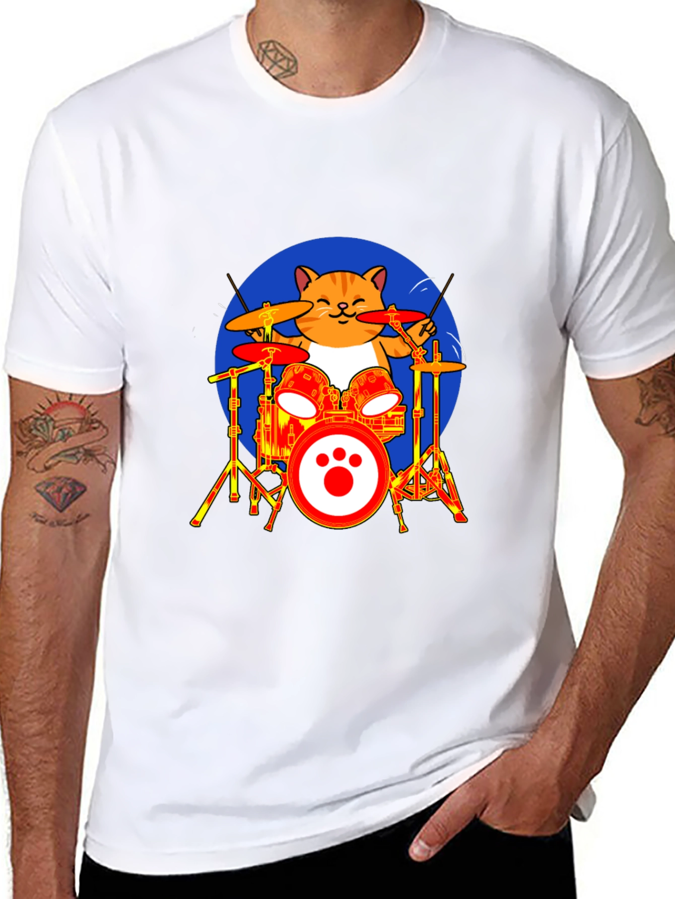 Cat Drummer T-Shirt - Black Cotton Tee