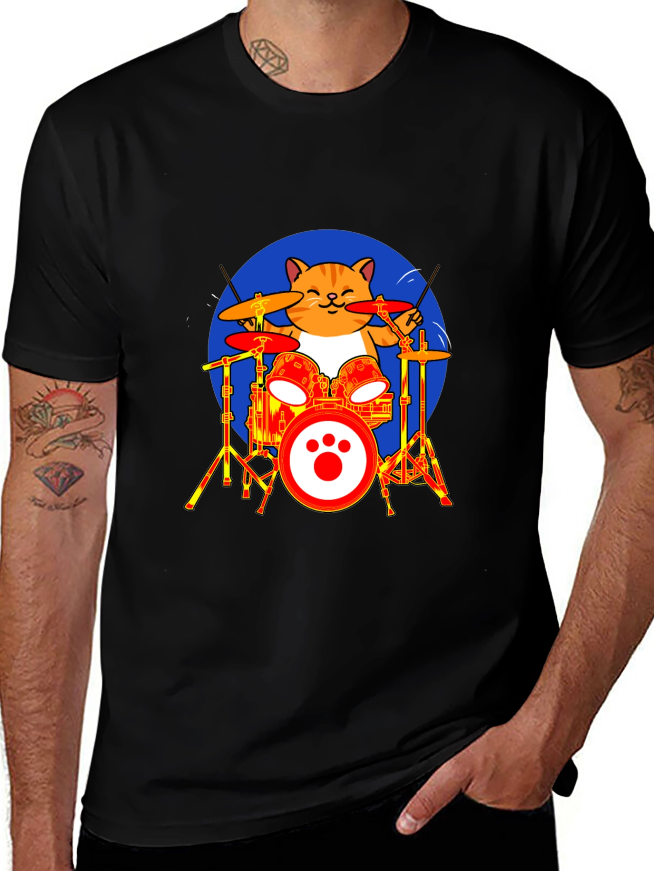 Cat Drummer T-Shirt - Black Cotton Tee