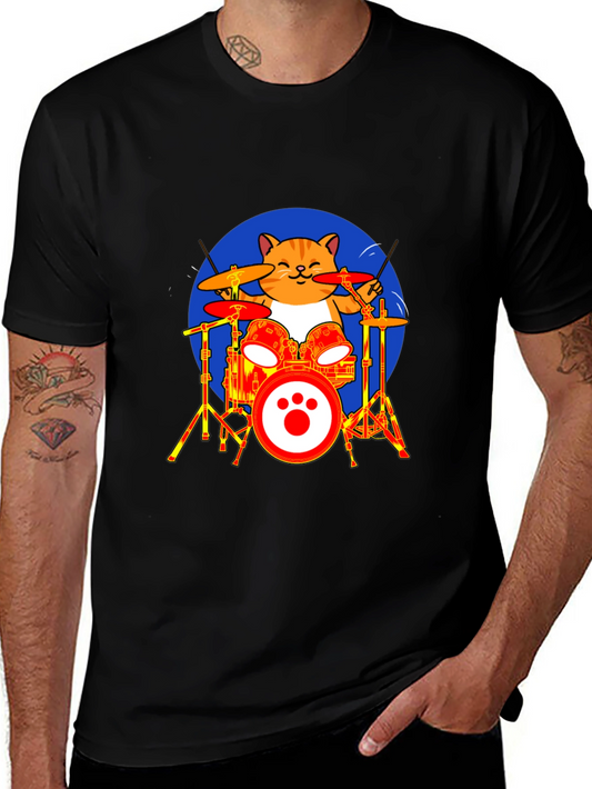 Cat Drummer T-Shirt - Black Cotton Tee
