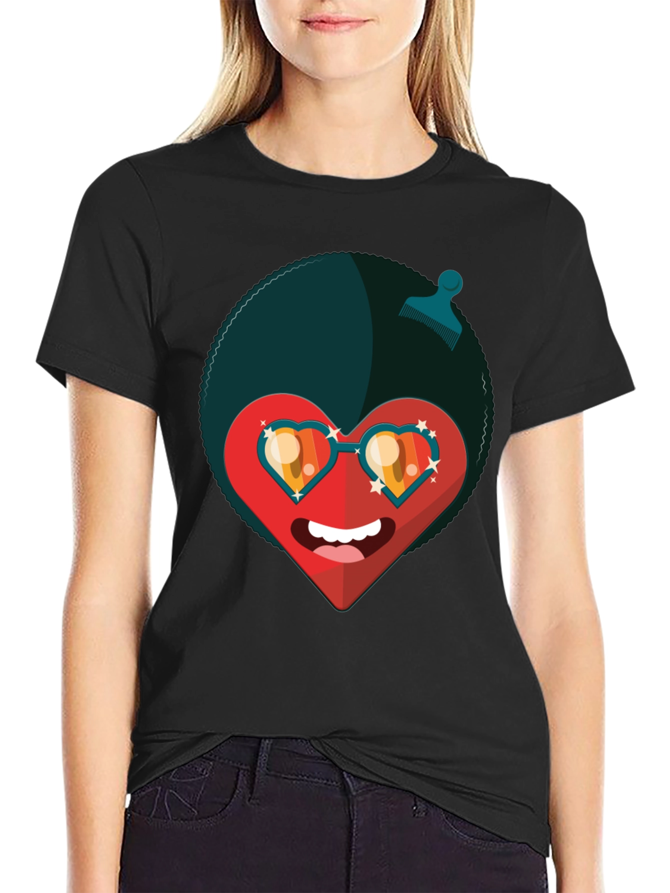 Funky Heart Afro T-Shirt - Black Graphic Tee