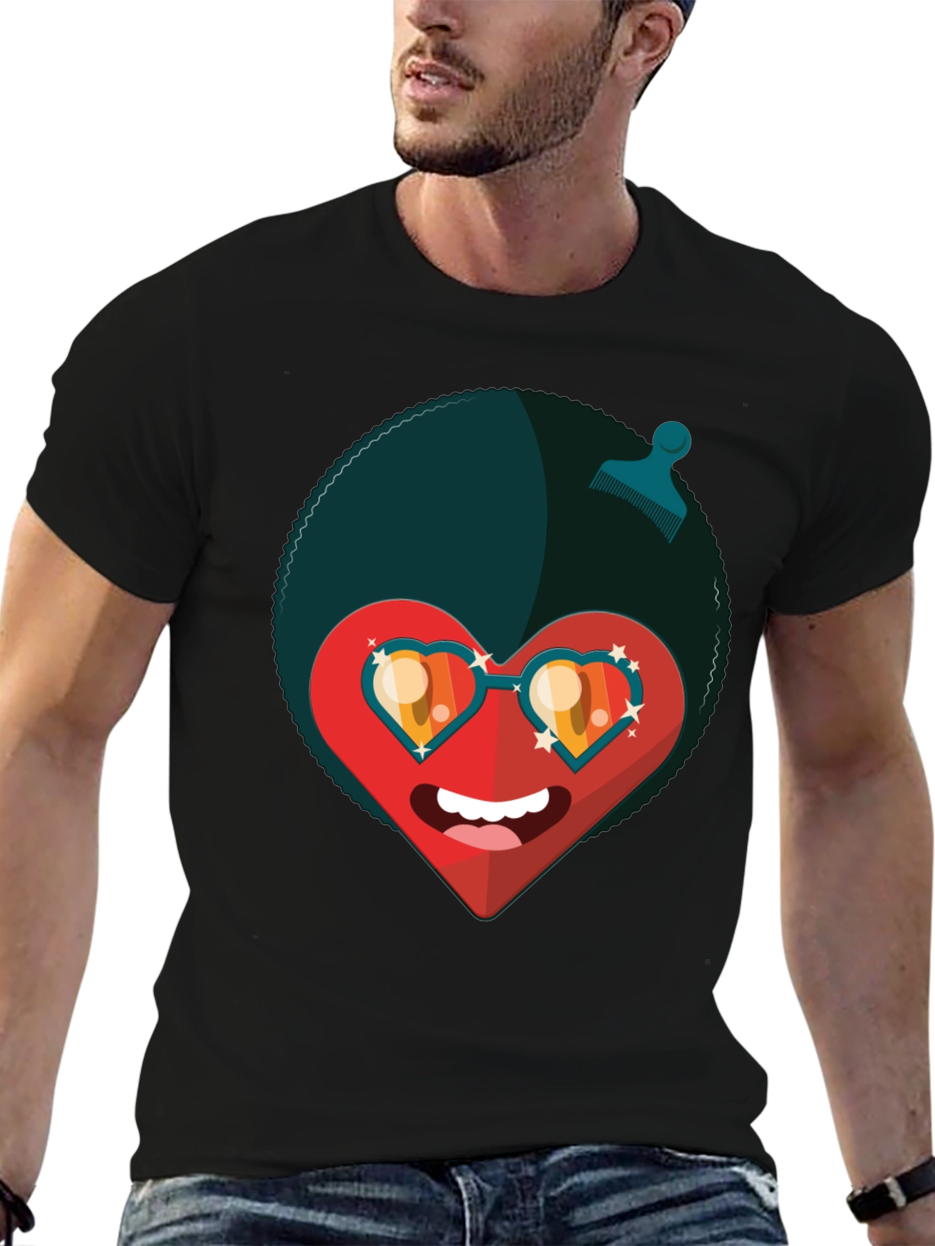 Funky Heart Afro T-Shirt - Black Graphic Tee