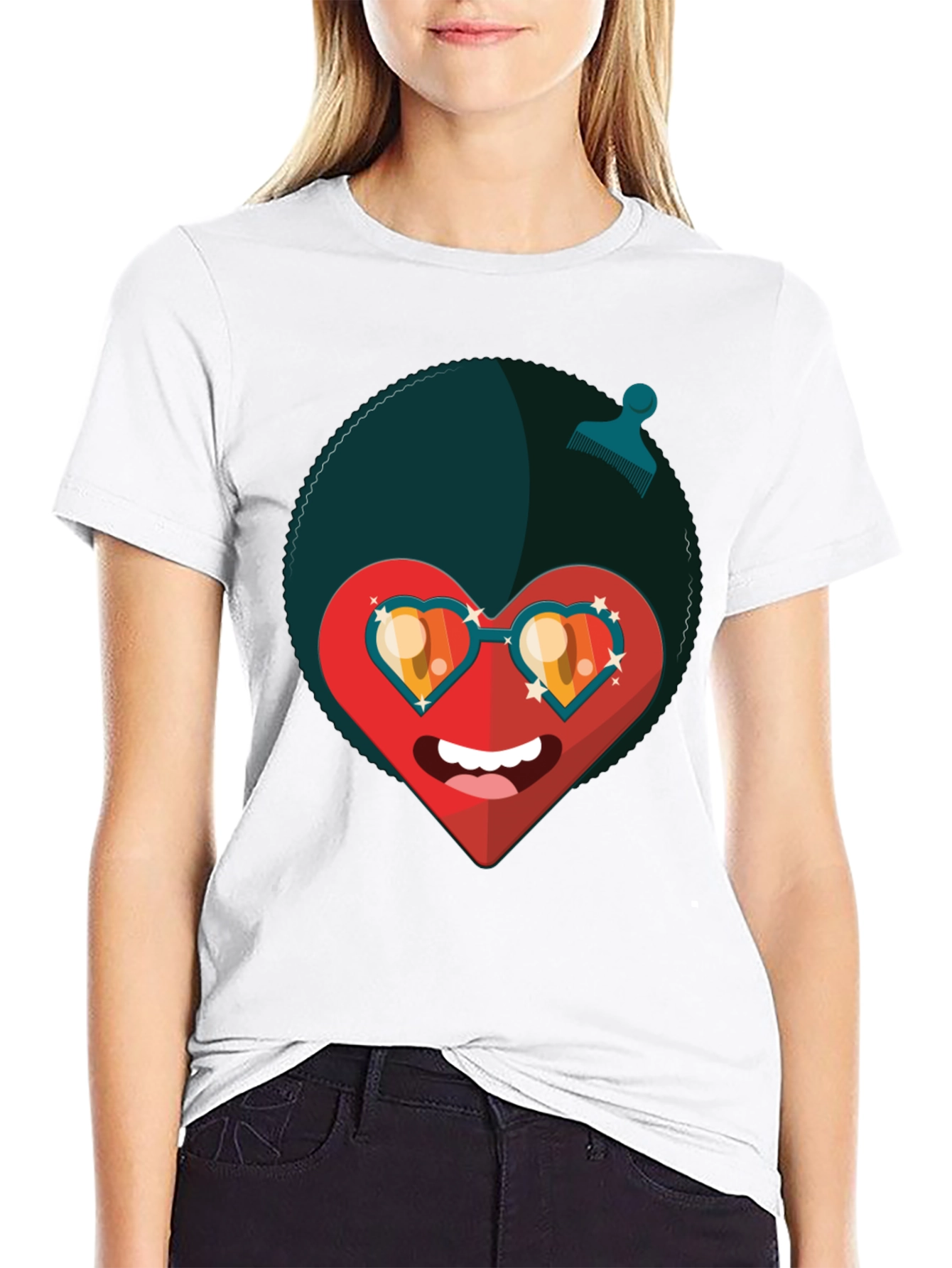 Funky Heart Afro T-Shirt - Black Graphic Tee