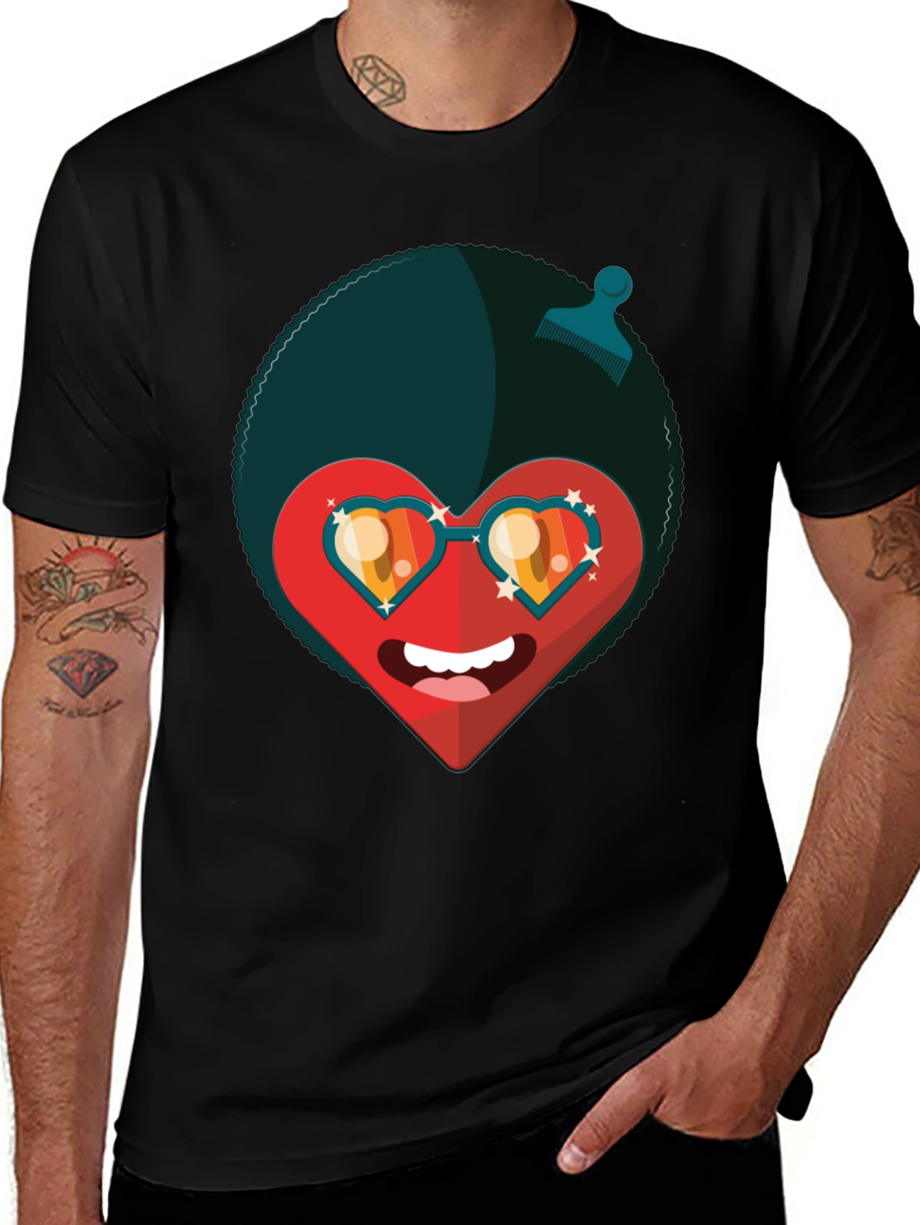 Funky Heart Afro T-Shirt - Black Graphic Tee
