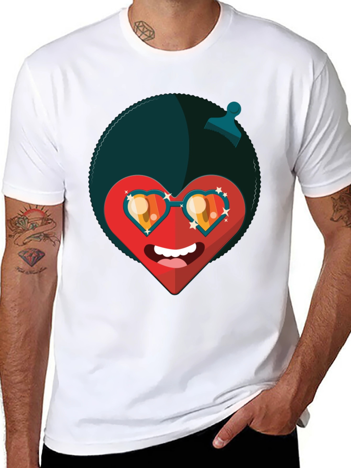 Funky Heart Afro T-Shirt - Black Graphic Tee