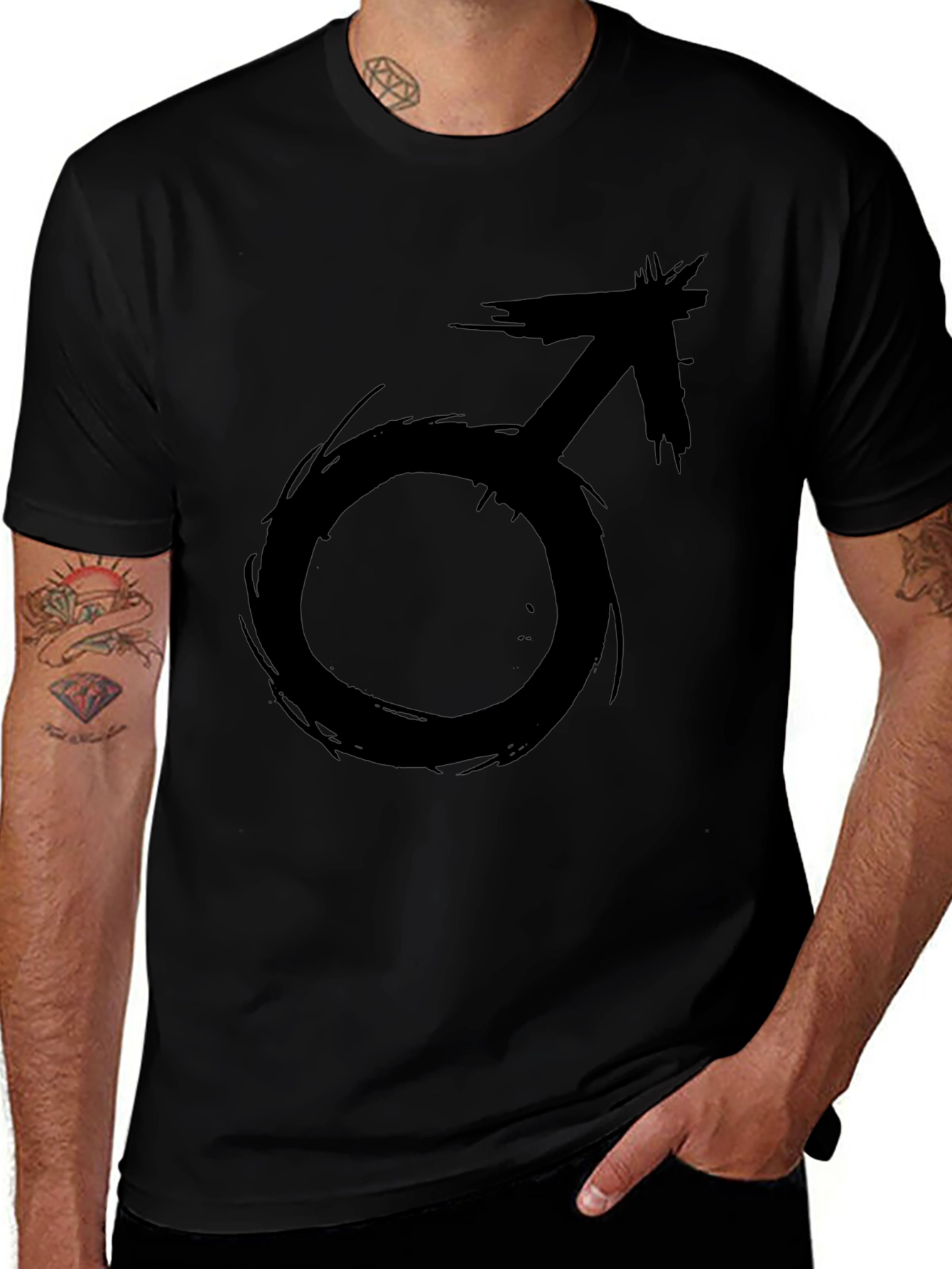 Edgy Black T-Shirt with Grunge Male Symbol
