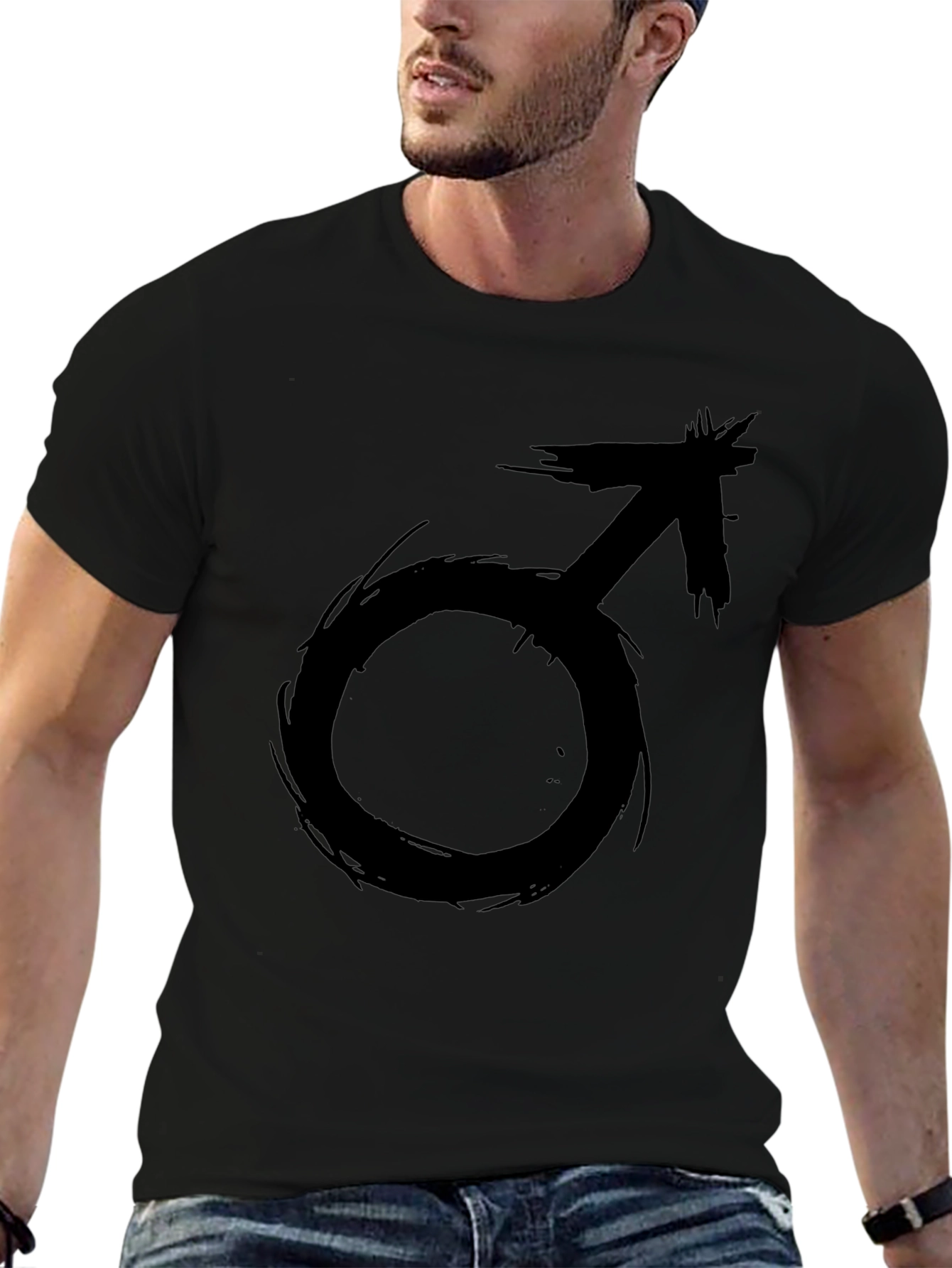 Edgy Black T-Shirt with Grunge Male Symbol