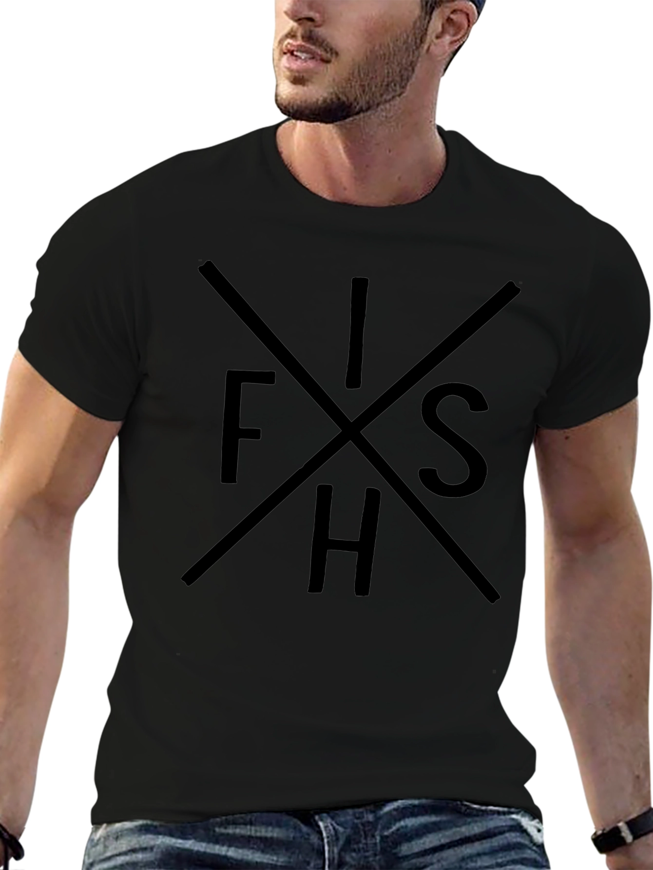 FISH Graphic Tee - Black Crew Neck Cotton T-Shirt