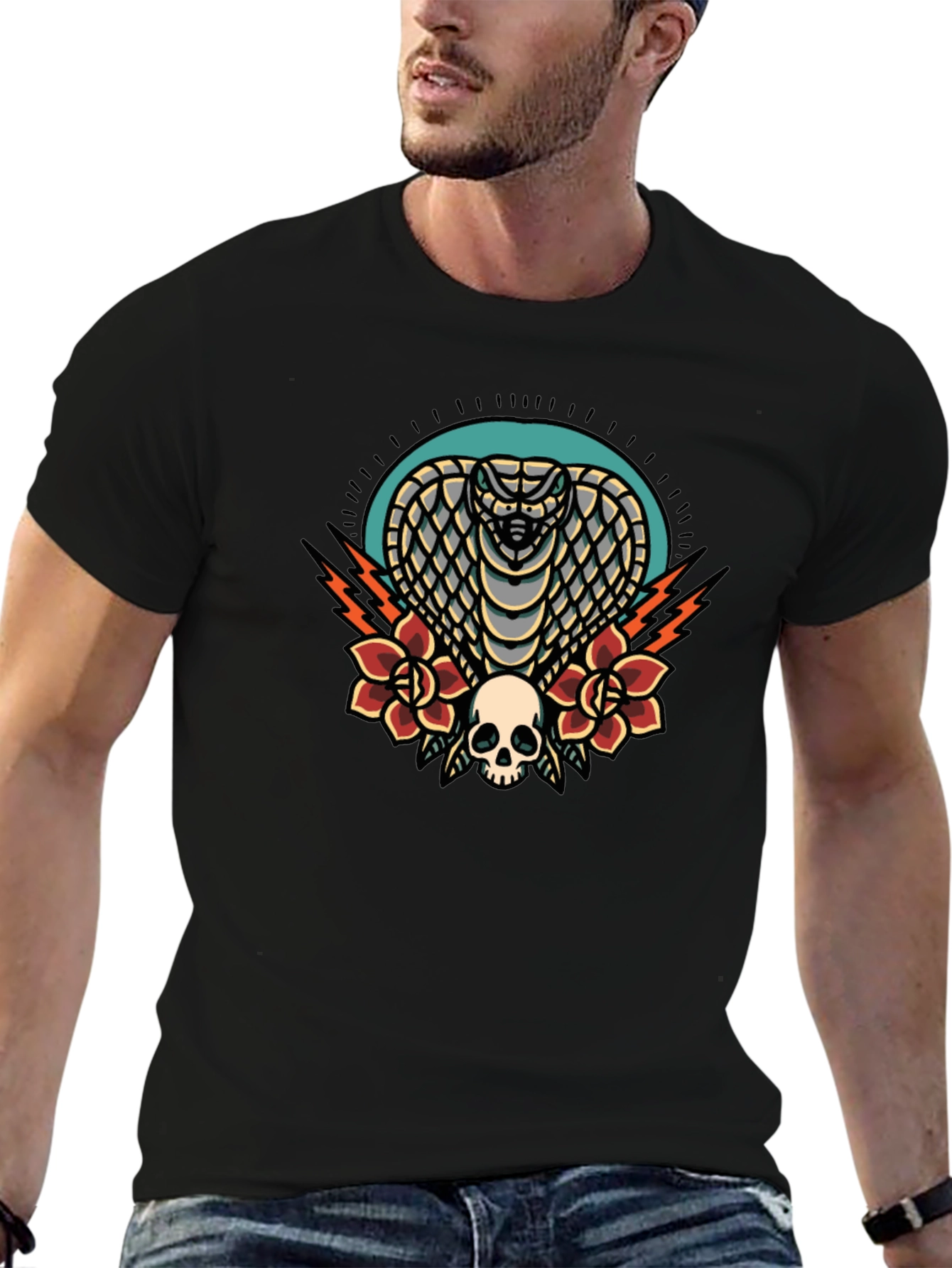 Cobra Skull Rose Graphic Tee - Black Cotton T-Shirt