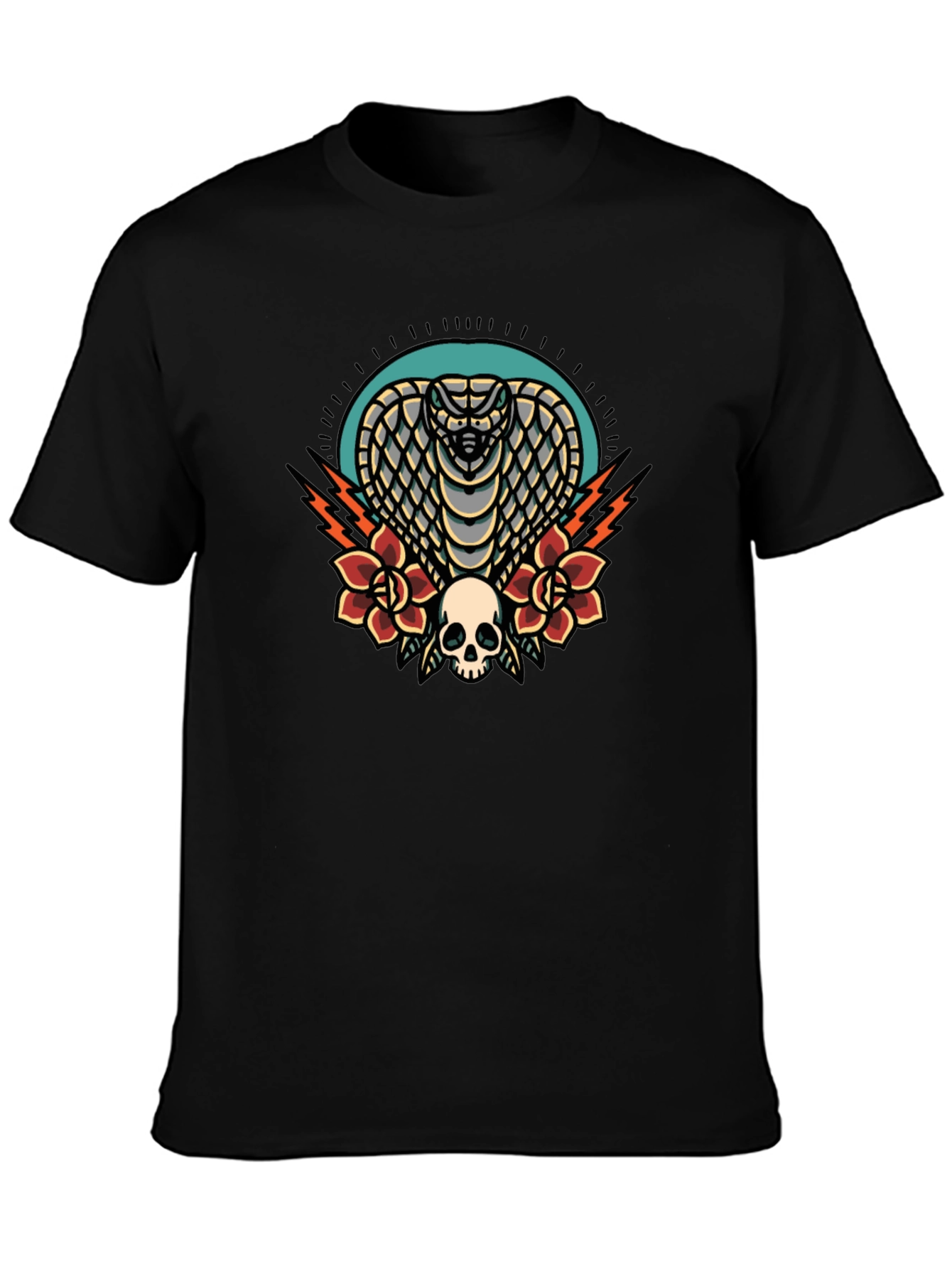Cobra Skull Rose Graphic Tee - Black Cotton T-Shirt