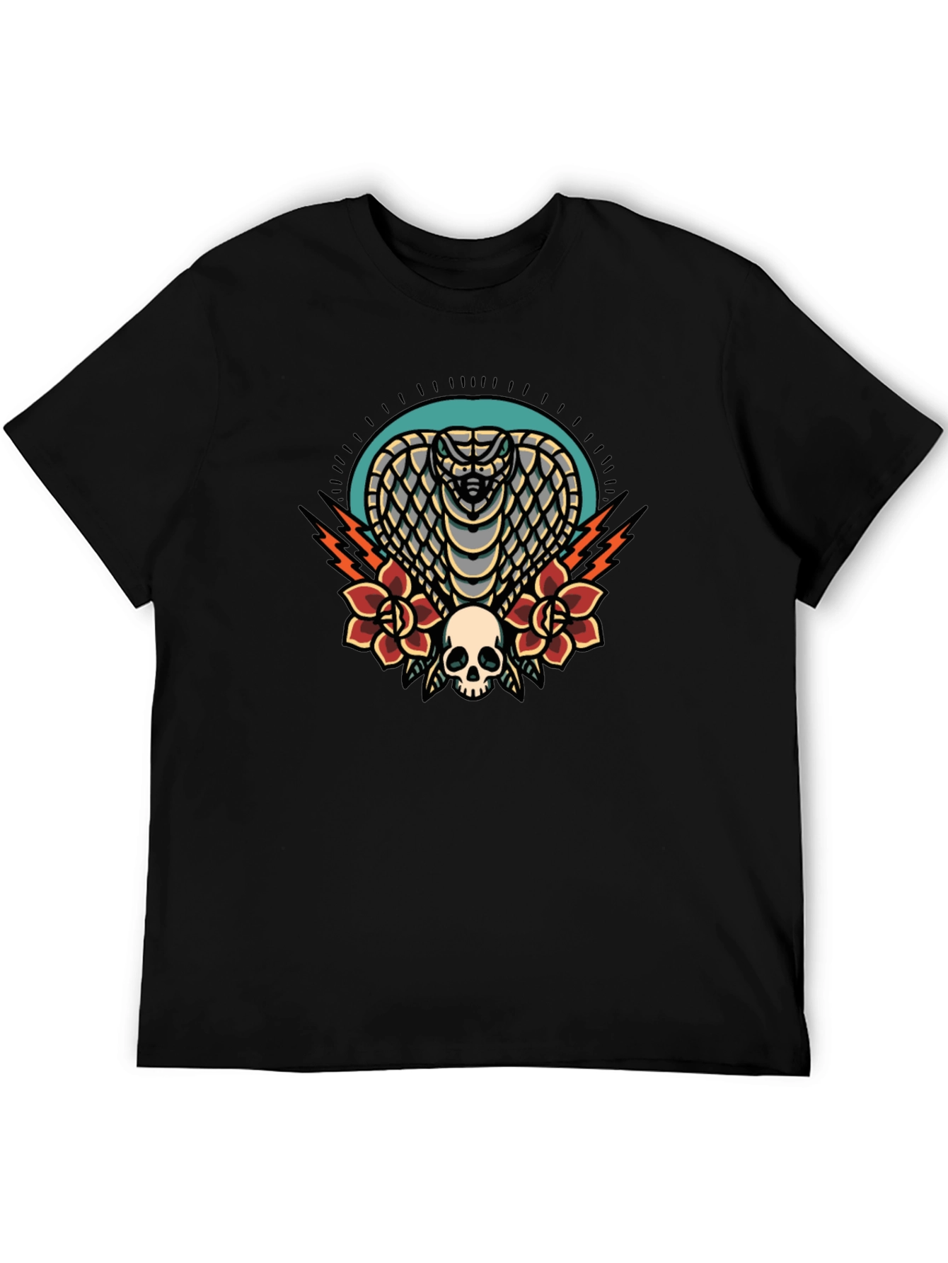 Cobra Skull Rose Graphic Tee - Black Cotton T-Shirt