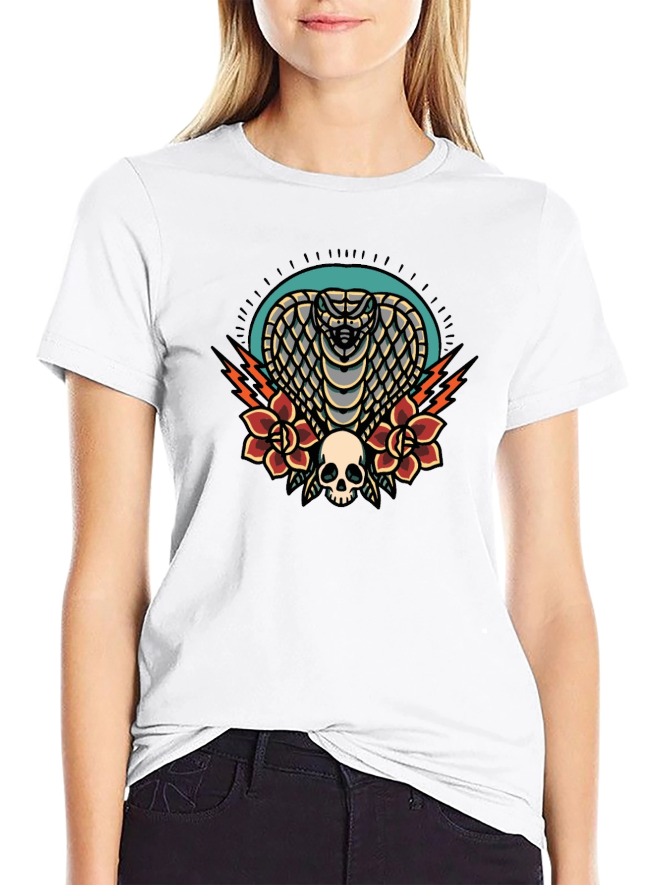 Cobra Skull Rose Graphic Tee - Black Cotton T-Shirt