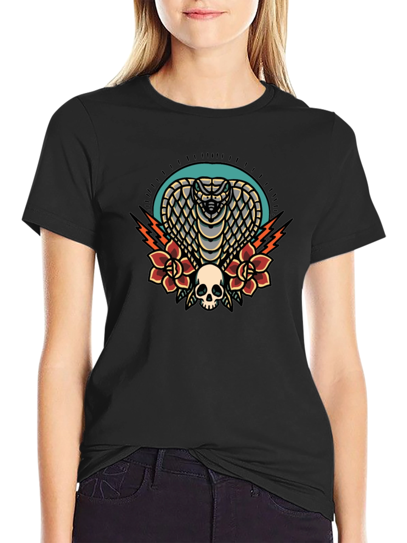 Cobra Skull Rose Graphic Tee - Black Cotton T-Shirt