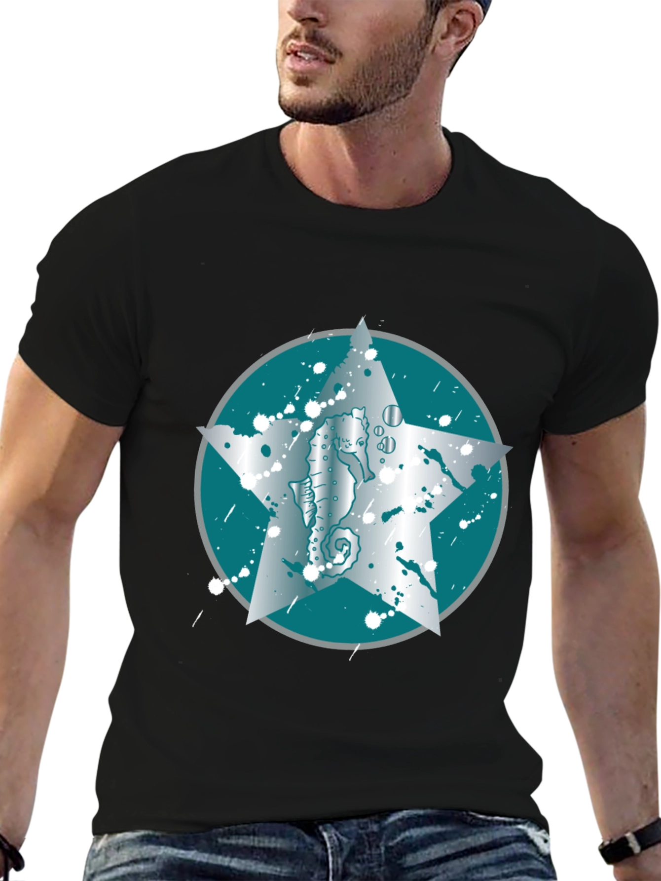 Seahorse Star Graphic Tee - Black