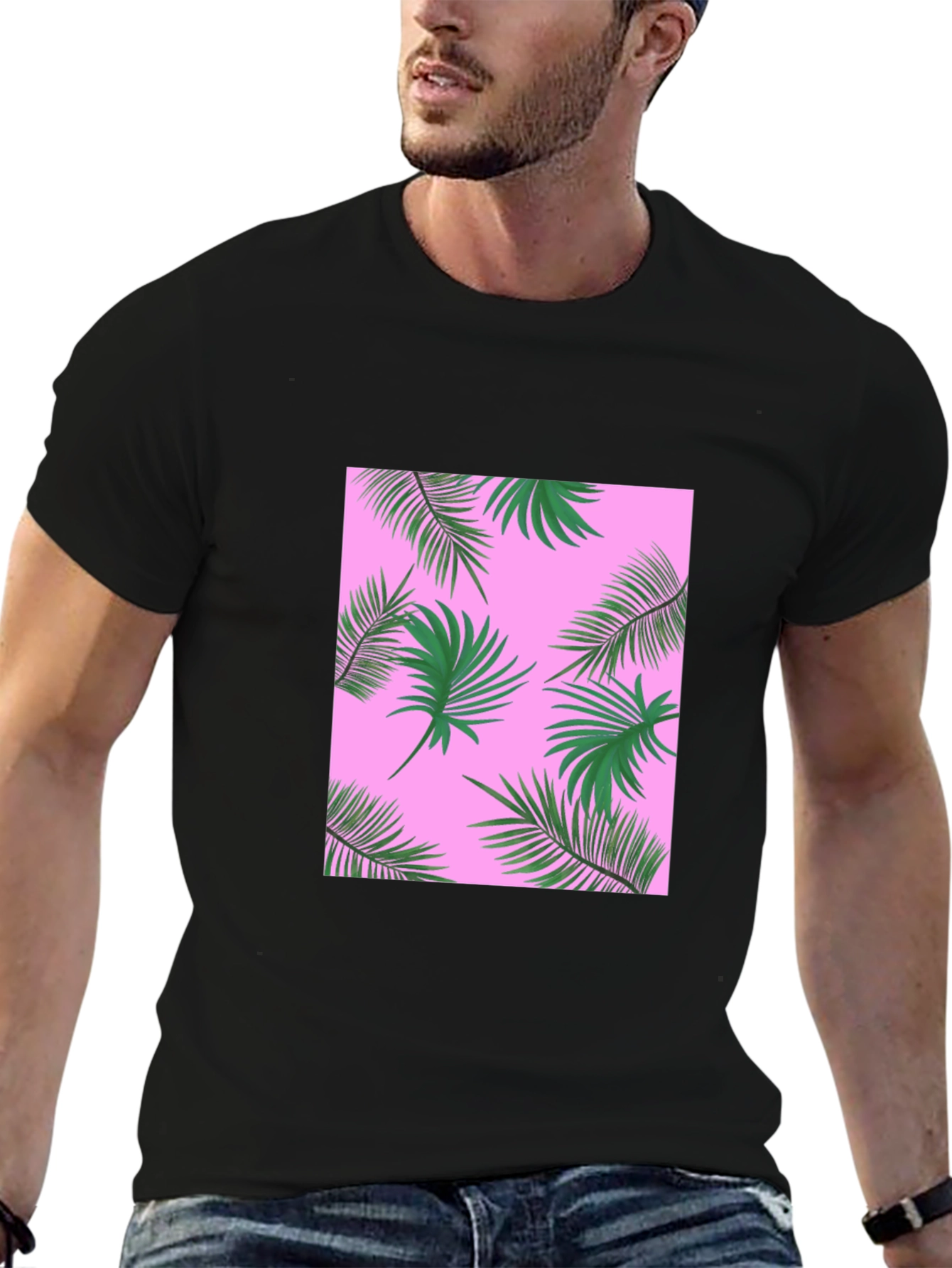 Tropical Palm Print T-Shirt - Black