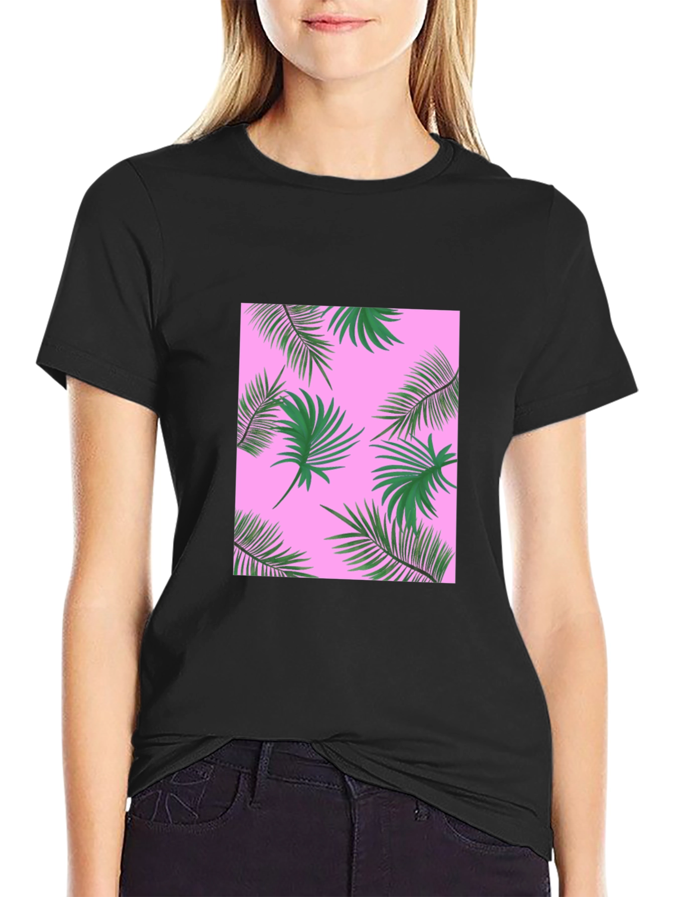 Tropical Palm Print T-Shirt - Black