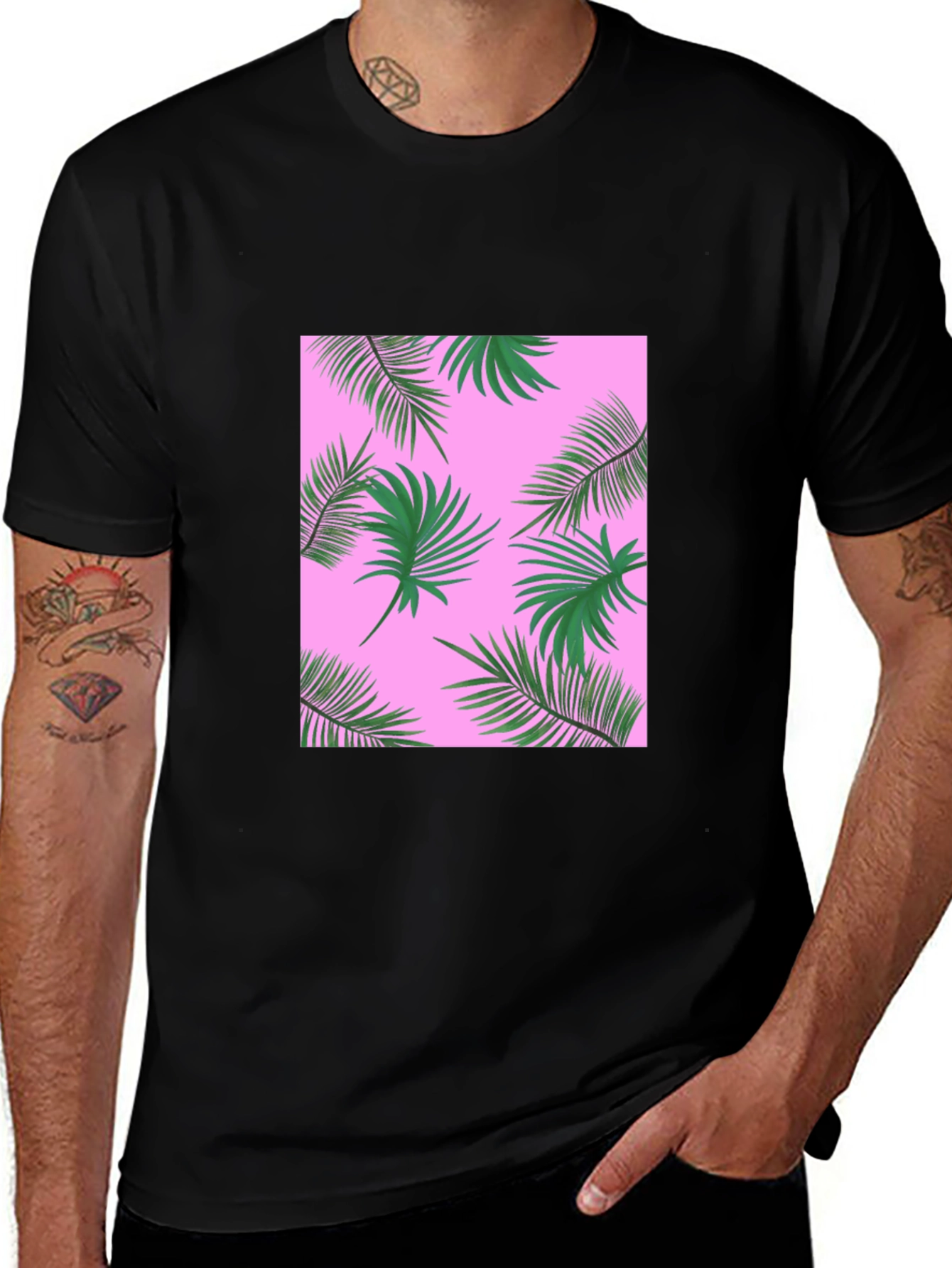Tropical Palm Print T-Shirt - Black