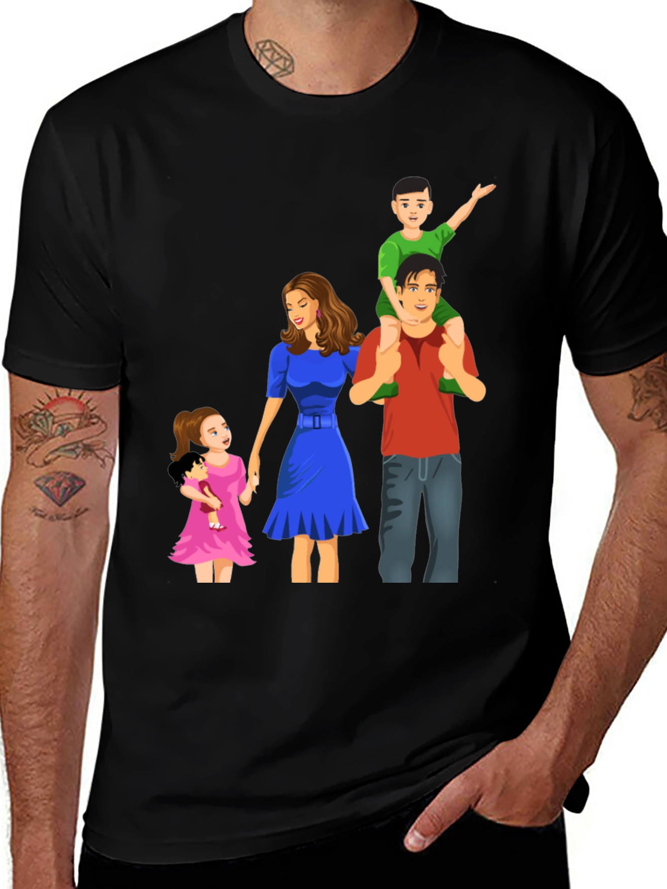 Family Cartoon Graphic Black T-Shirt