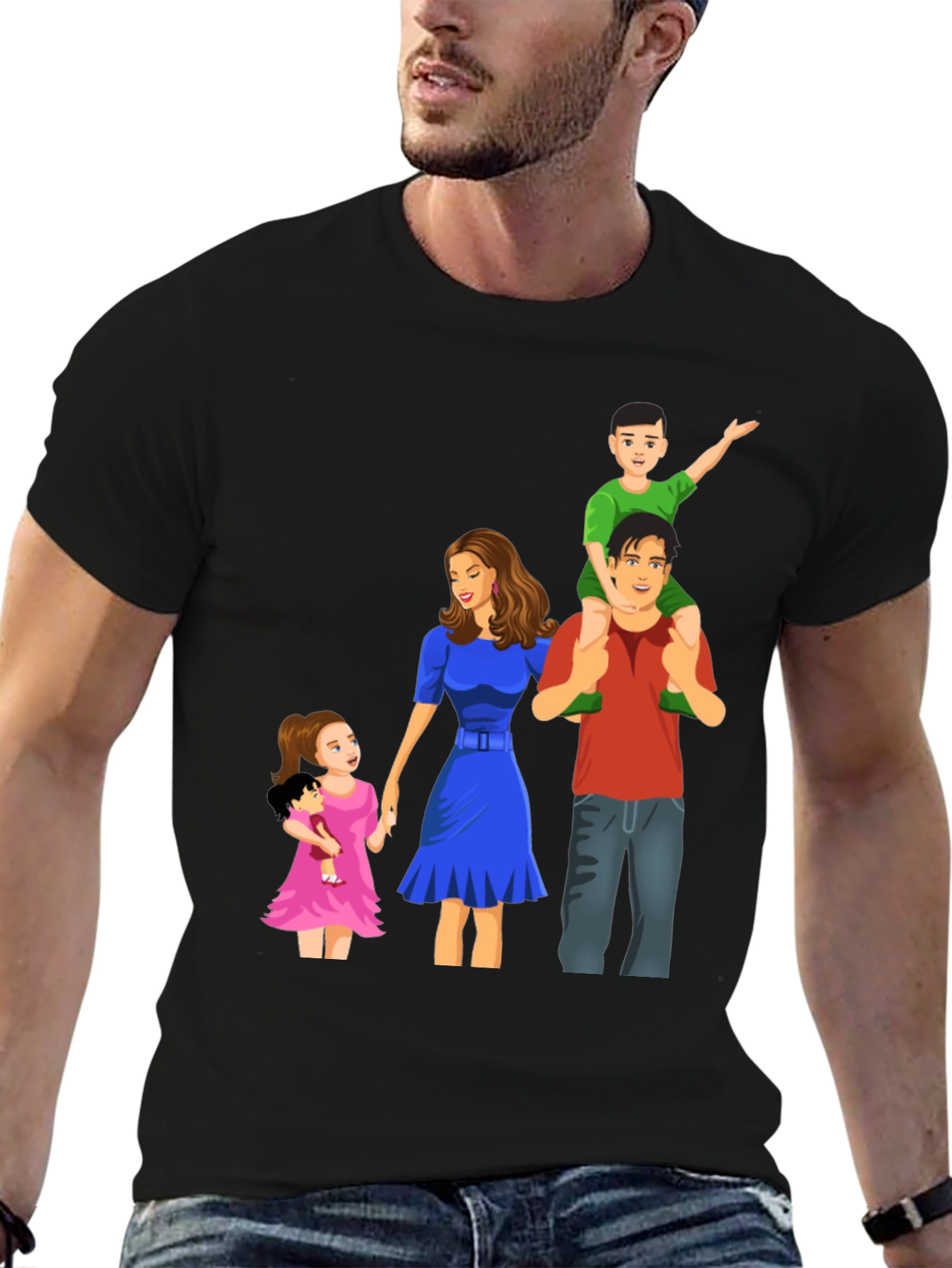 Family Cartoon Graphic Black T-Shirt