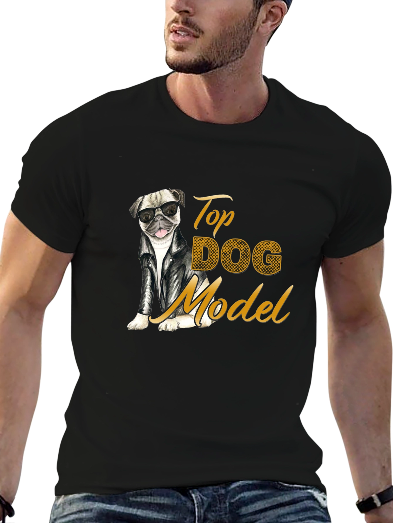 Top Dog Model T-Shirt - Stylish Pug in Leather