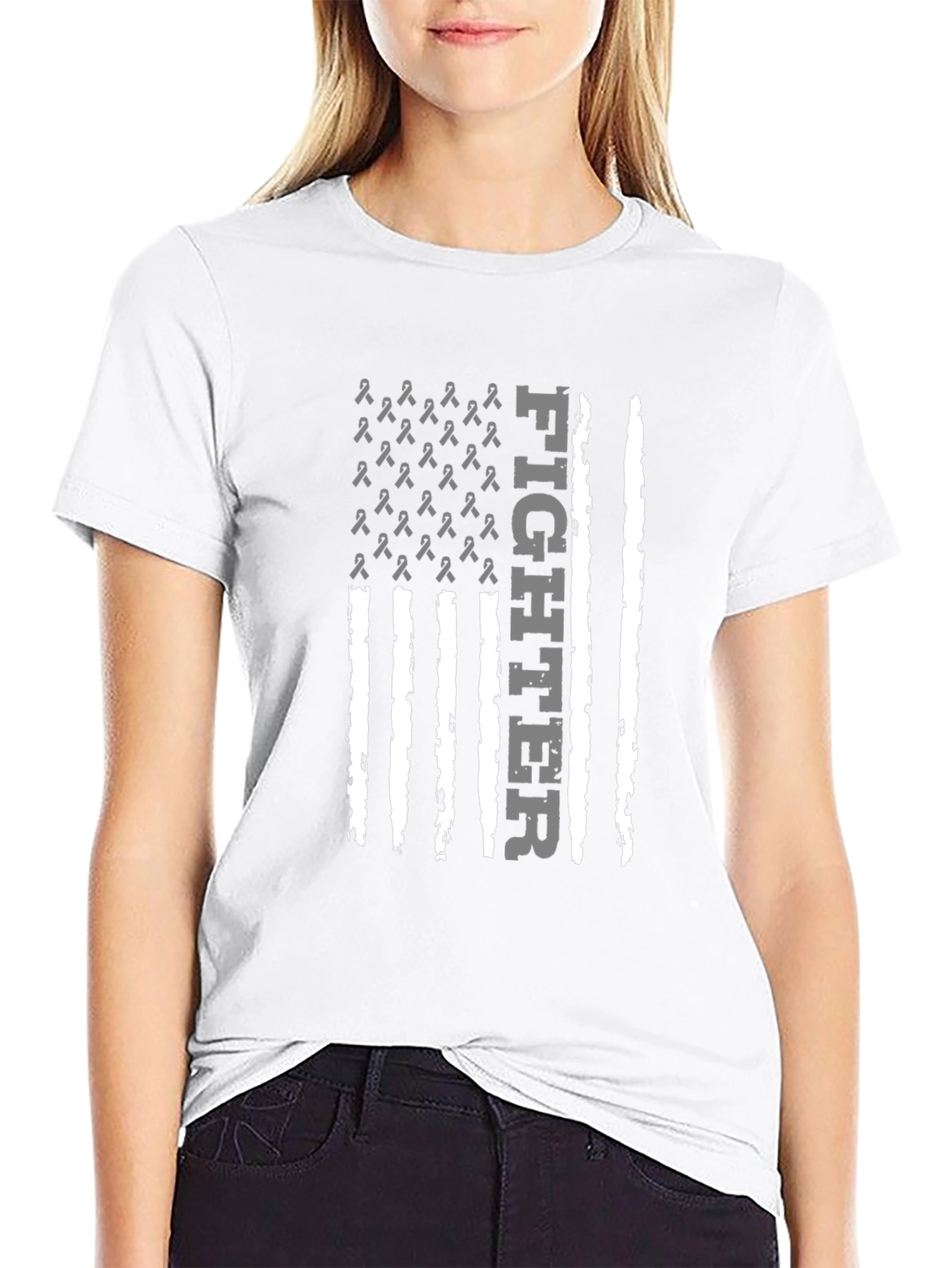 Fighter Ribbon Flag Graphic Tee - Black Cotton T-Shirt