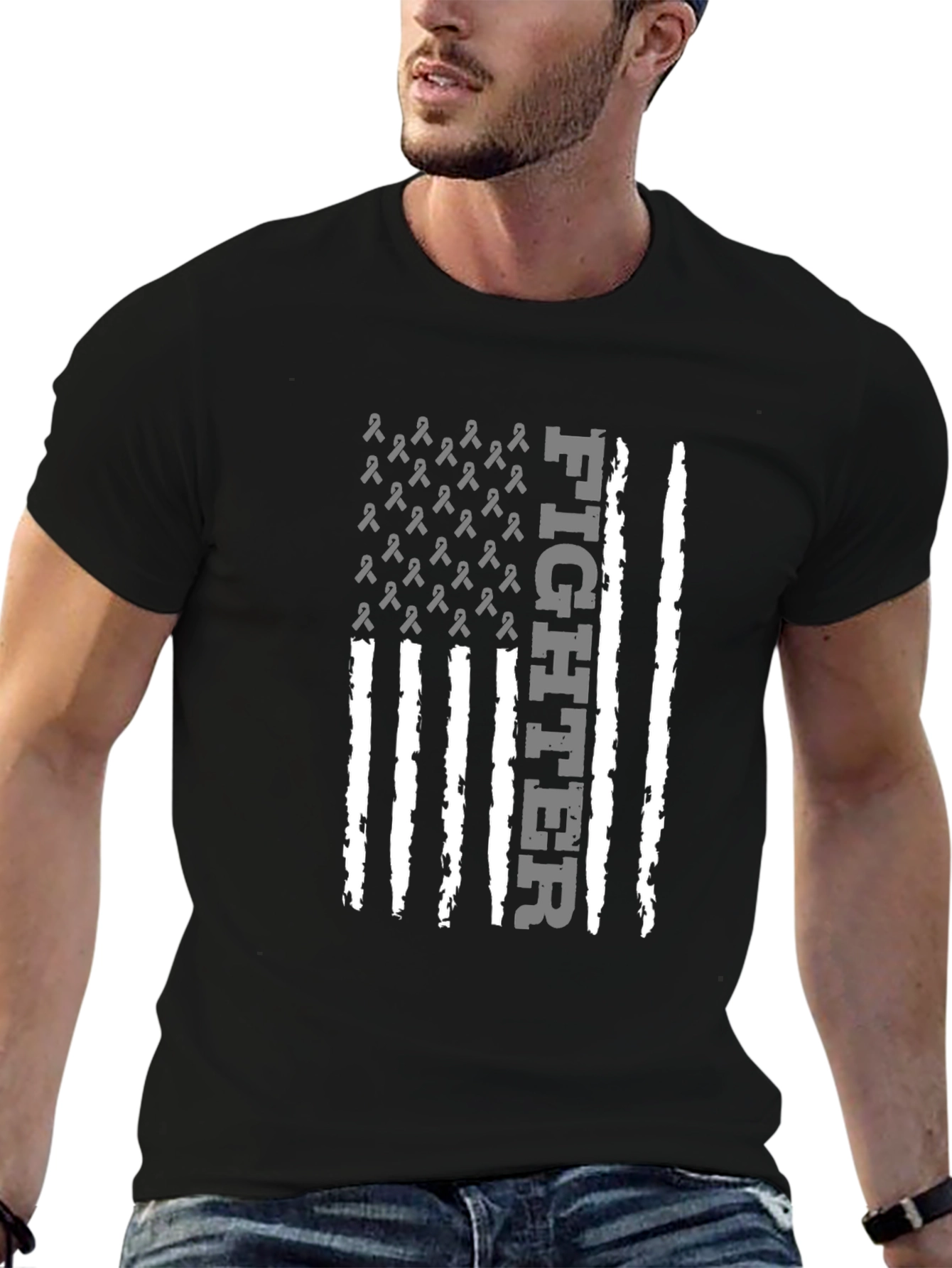 Fighter Ribbon Flag Graphic Tee - Black Cotton T-Shirt
