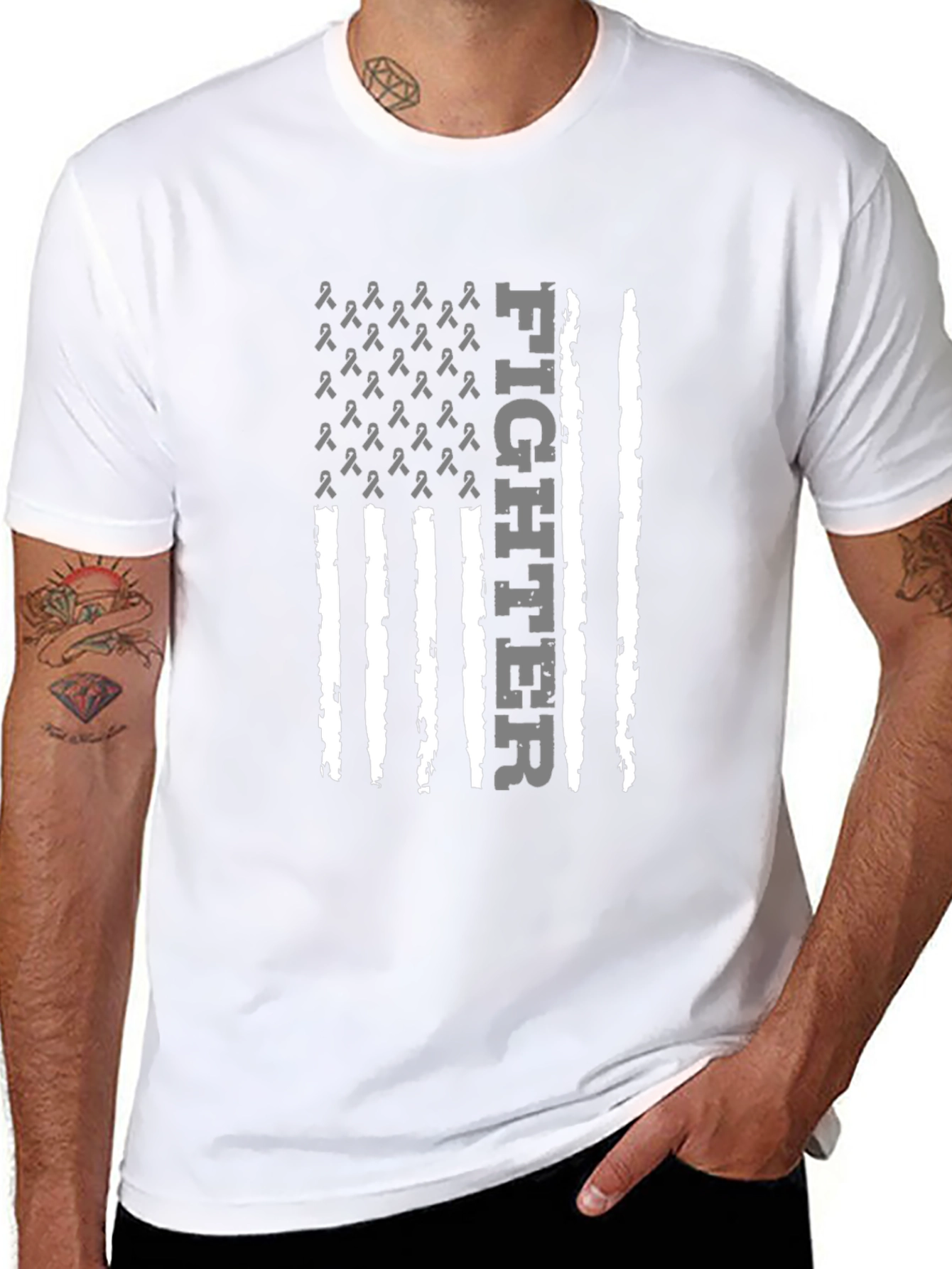 Fighter Ribbon Flag Graphic Tee - Black Cotton T-Shirt