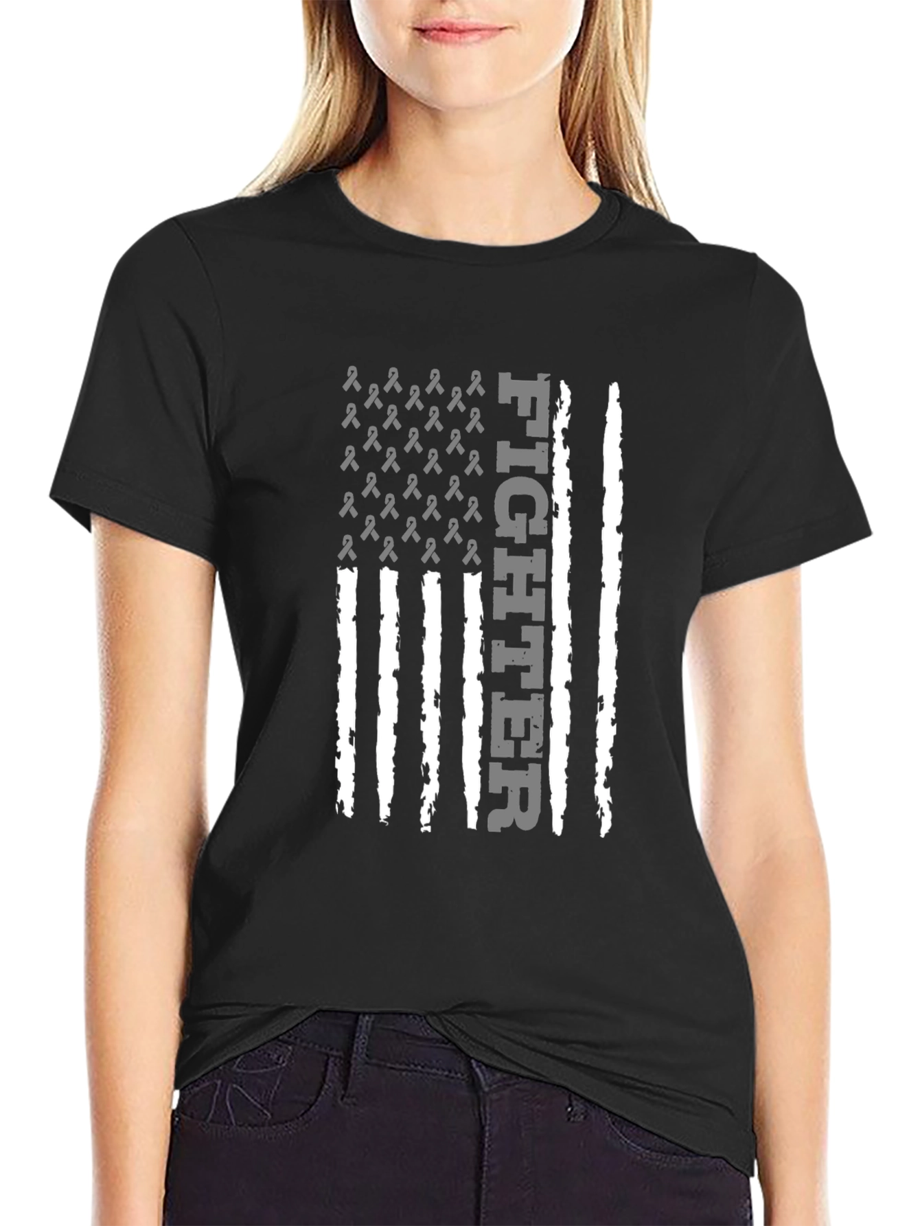 Fighter Ribbon Flag Graphic Tee - Black Cotton T-Shirt