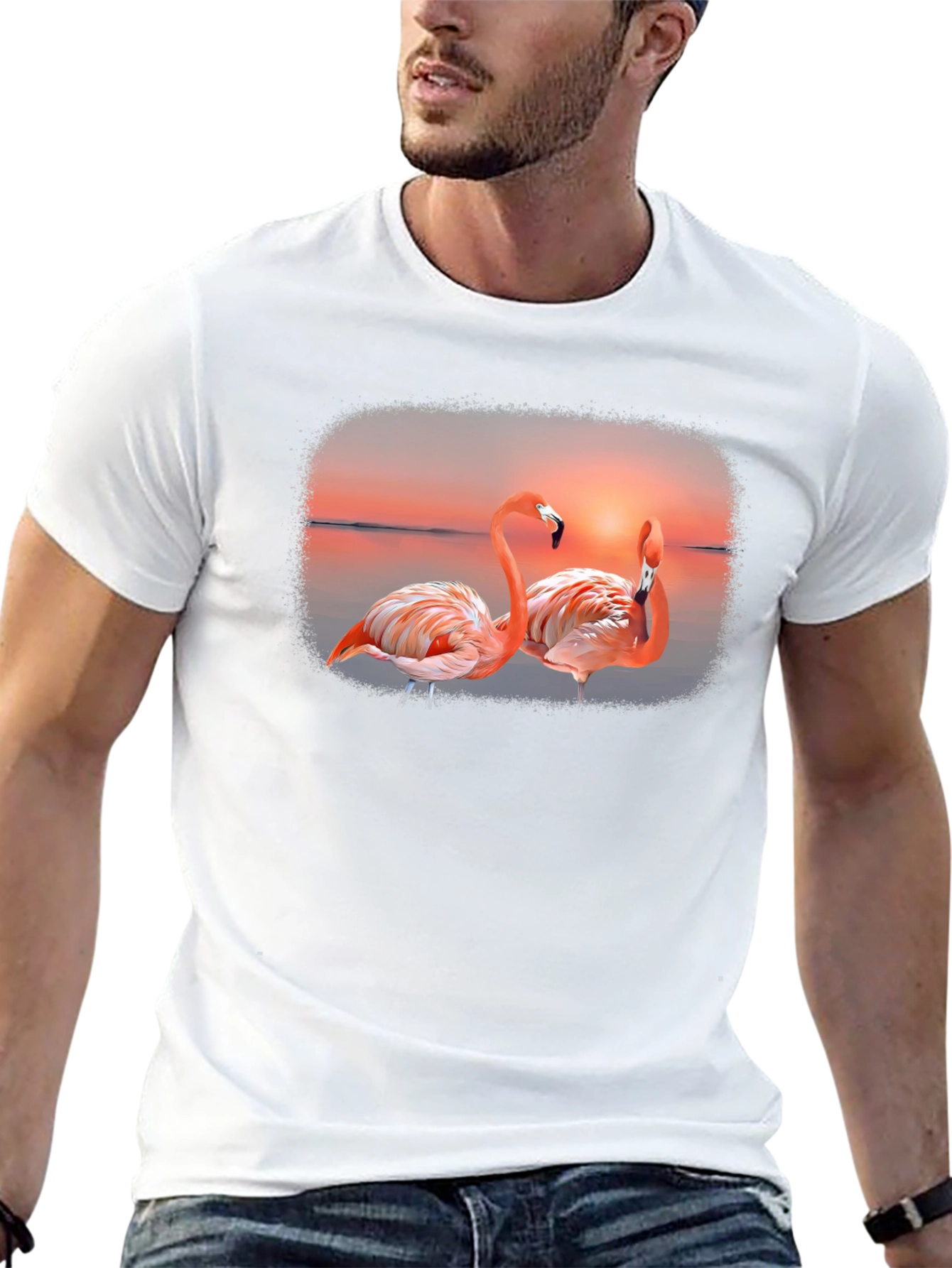 Flamingo Sunset Graphic Tee - Black Cotton T-Shirt