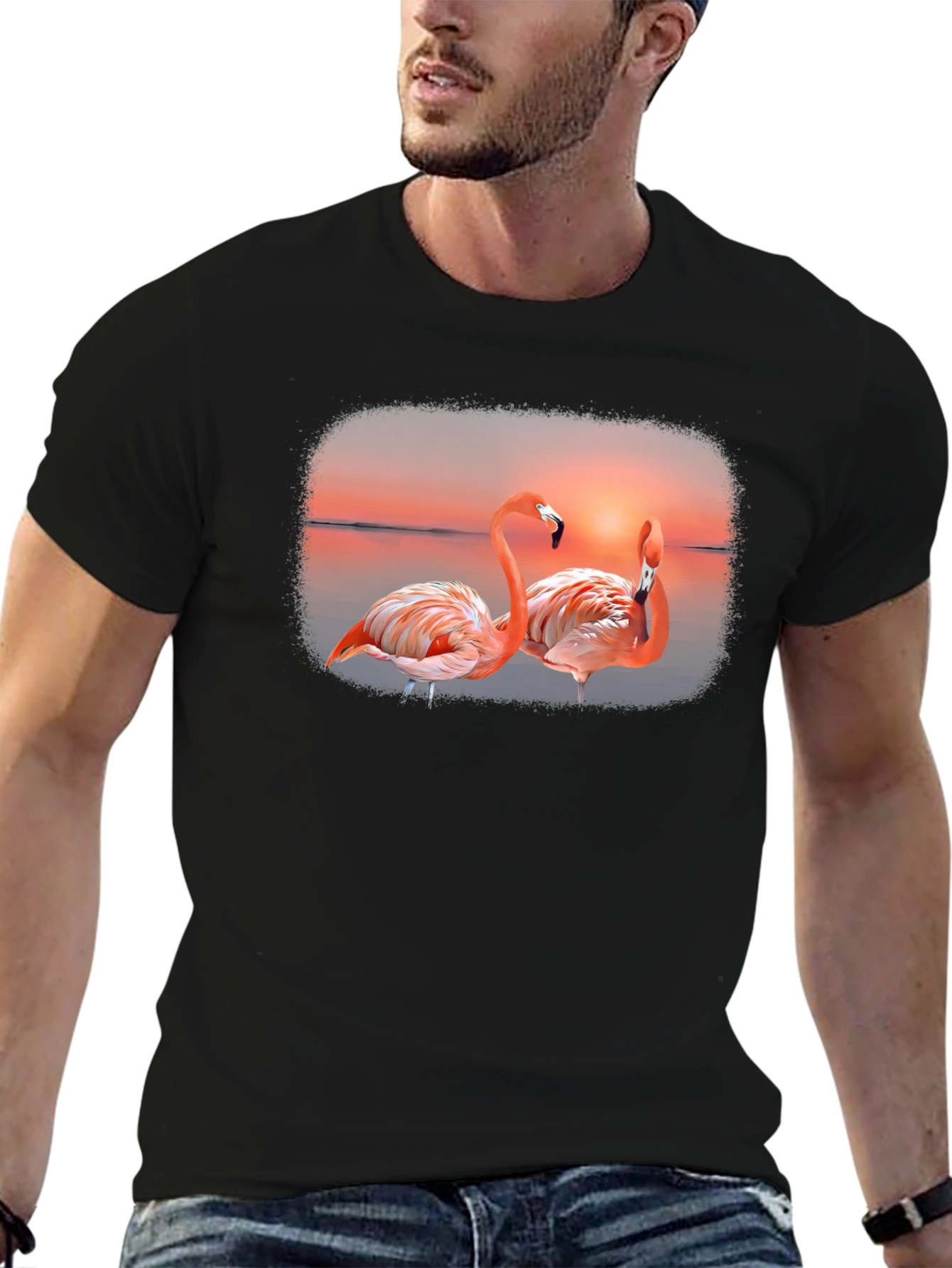 Flamingo Sunset Graphic Tee - Black Cotton T-Shirt