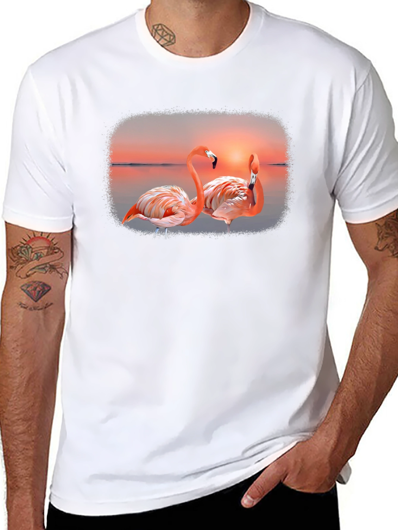Flamingo Sunset Graphic Tee - Black Cotton T-Shirt