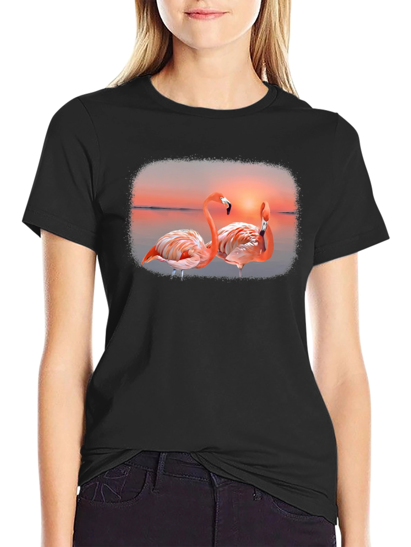 Flamingo Sunset Graphic Tee - Black Cotton T-Shirt