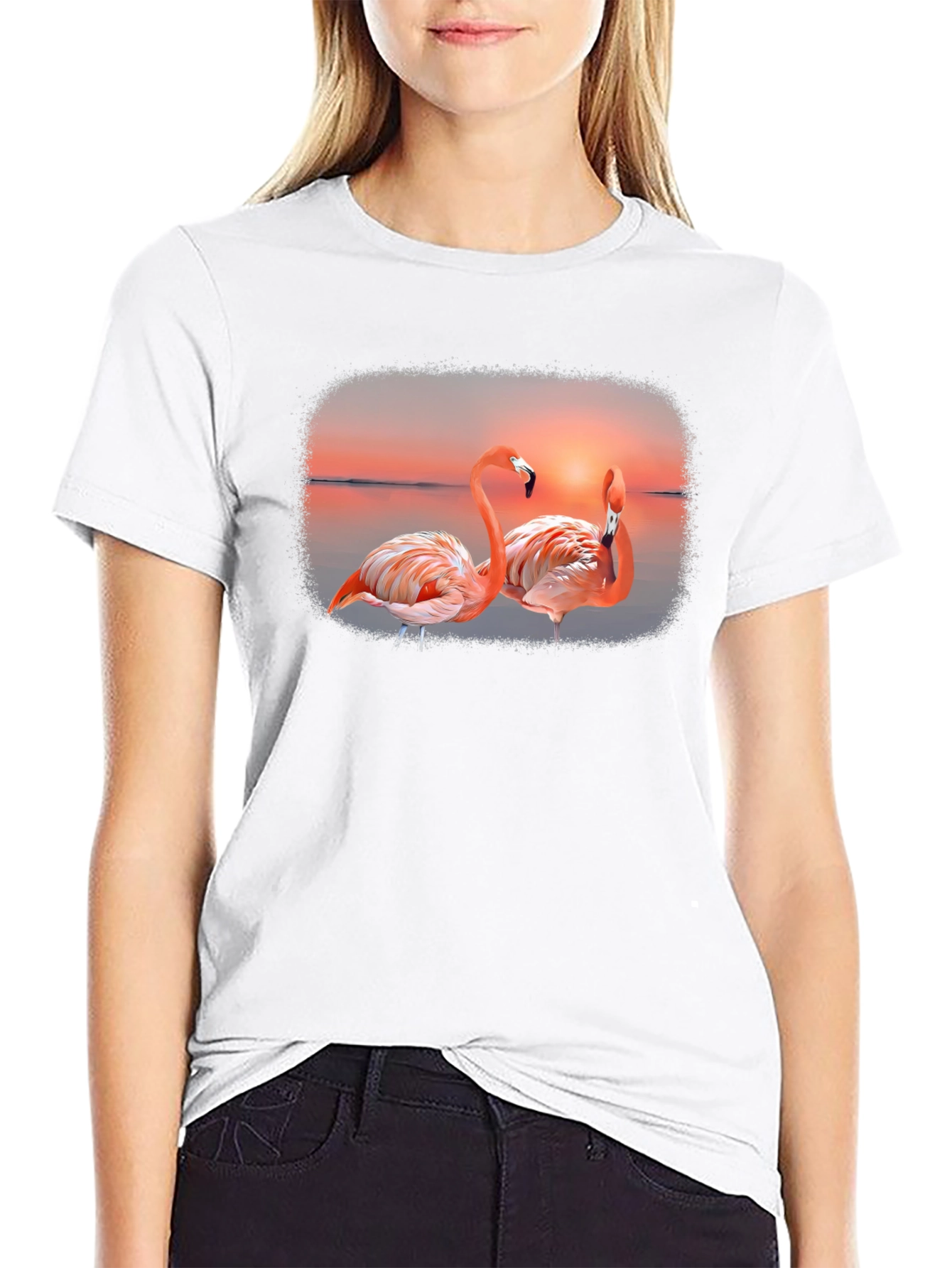 Flamingo Sunset Graphic Tee - Black Cotton T-Shirt